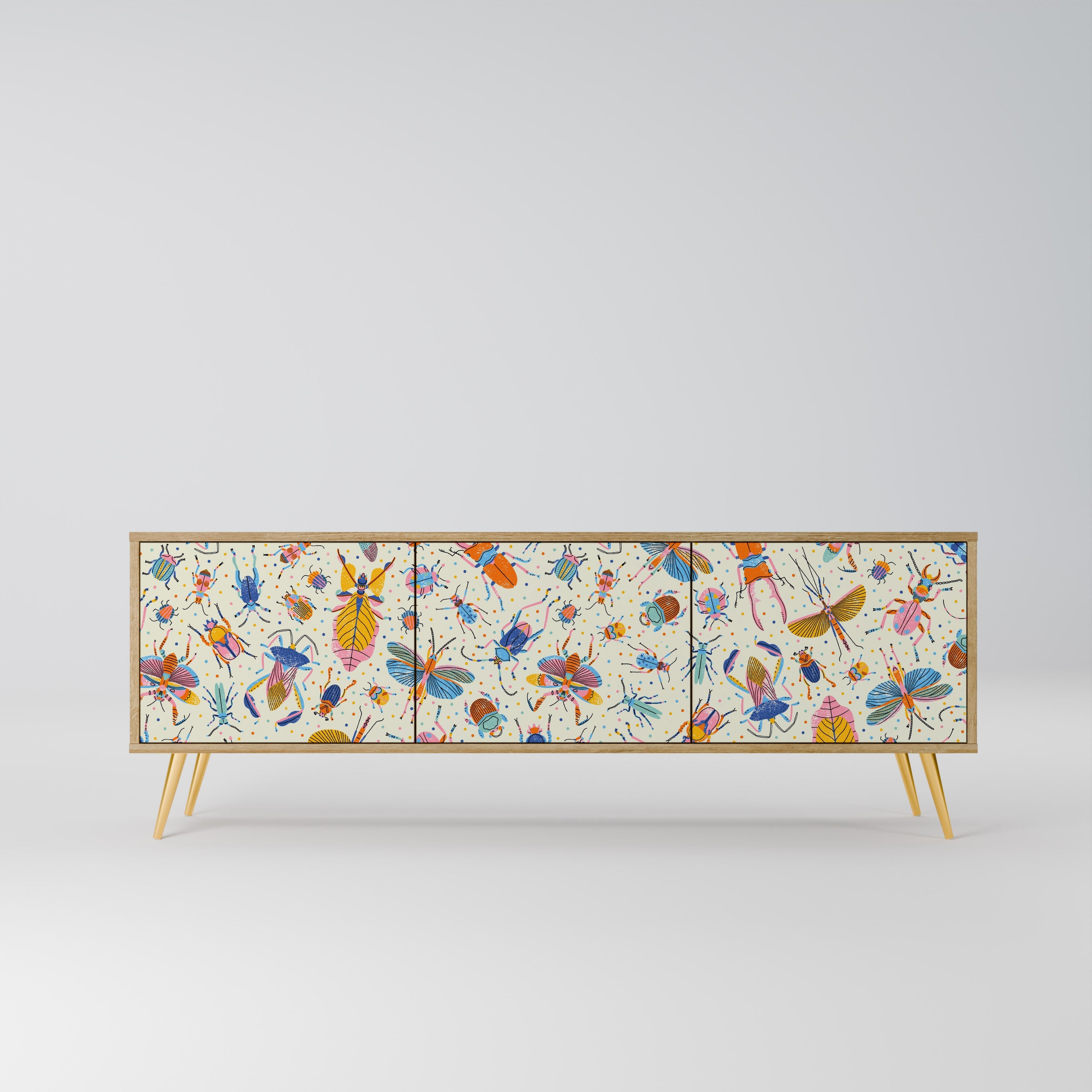 Meuble TV 3 portes COLORFUL INSECTS effet chêne