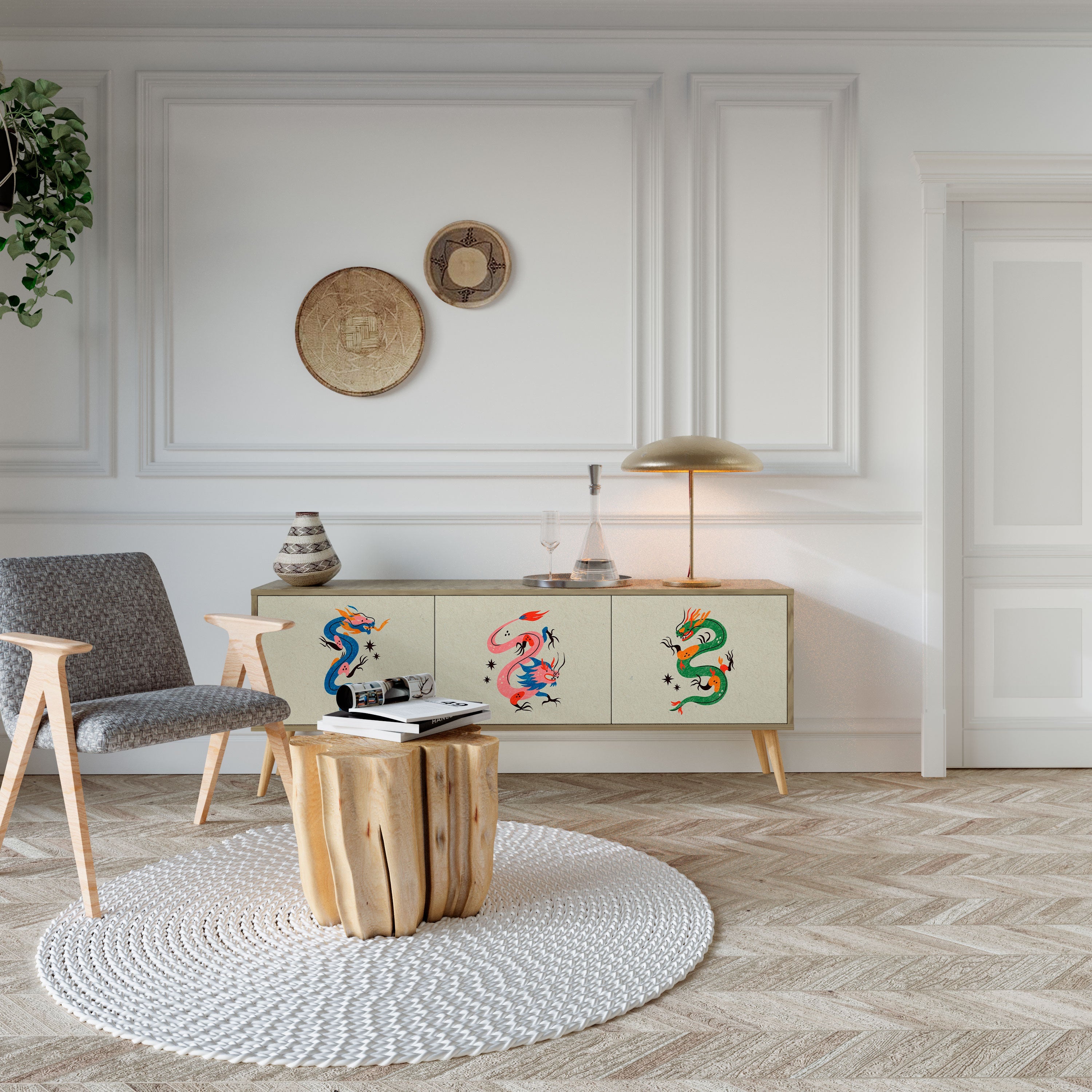 Meuble TV 3 portes effet chêne MYTHOLOGICAL CREATURES