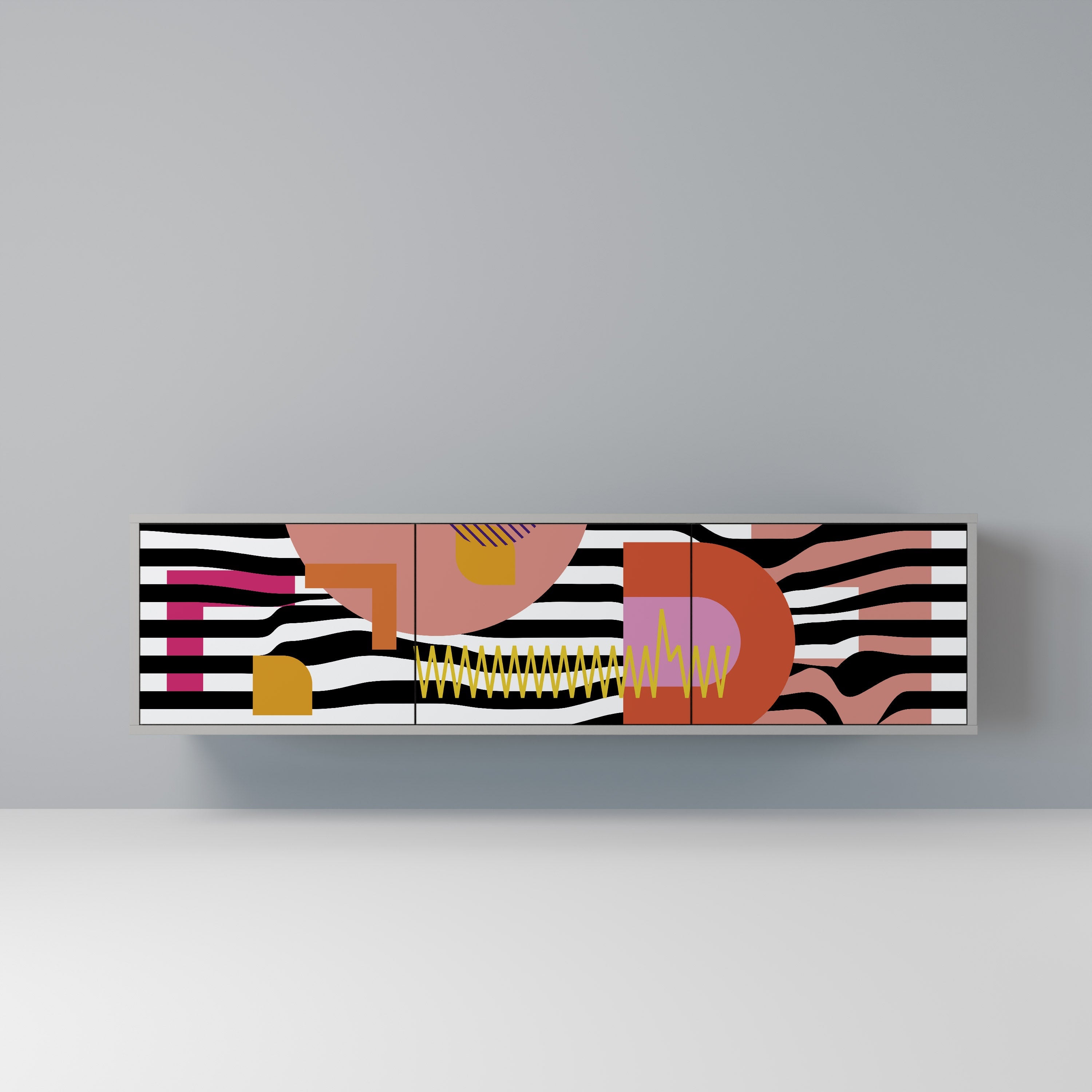 Meuble TV 3 portes CHROMATIC ABSTRACT, finition grise