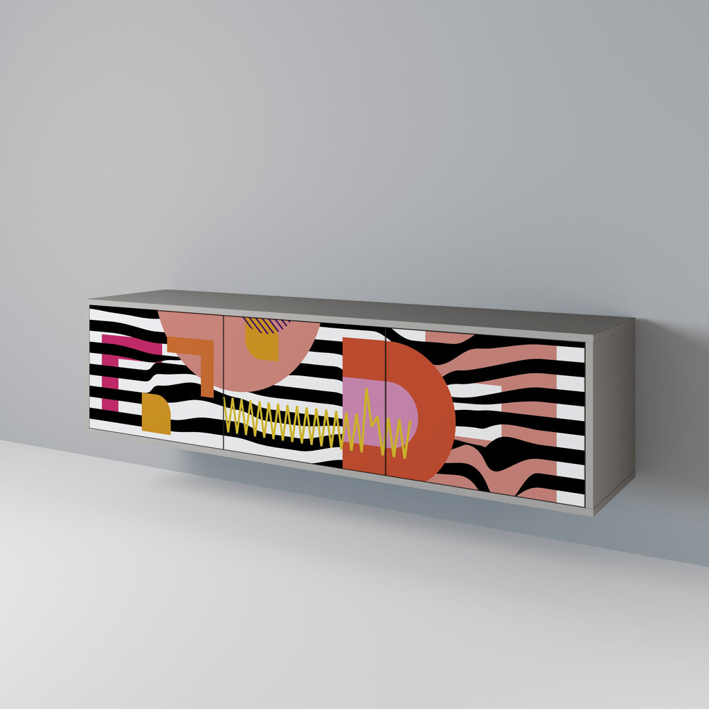 Meuble TV 3 portes CHROMATIC ABSTRACT, finition grise