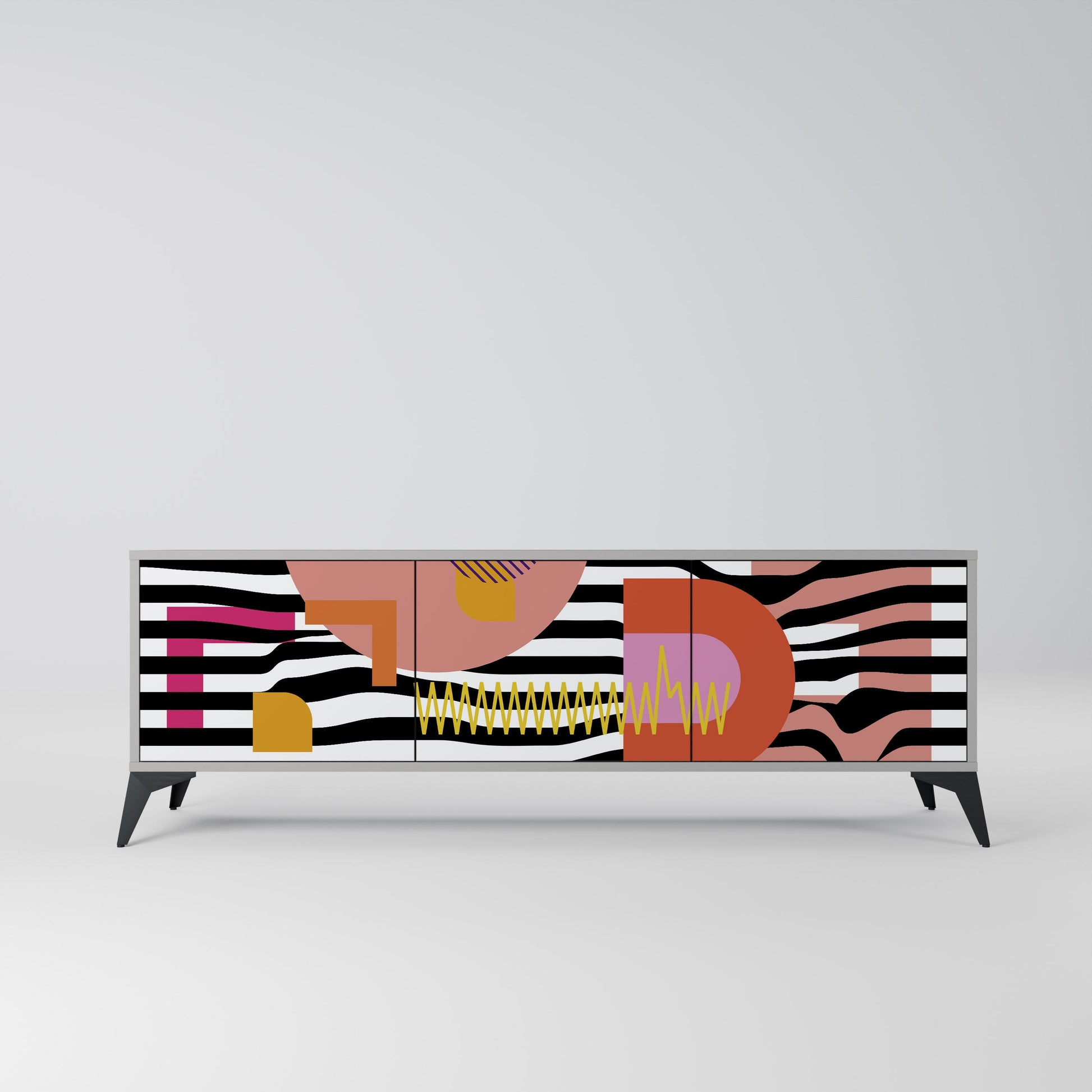Meuble TV 3 portes CHROMATIC ABSTRACT, finition grise