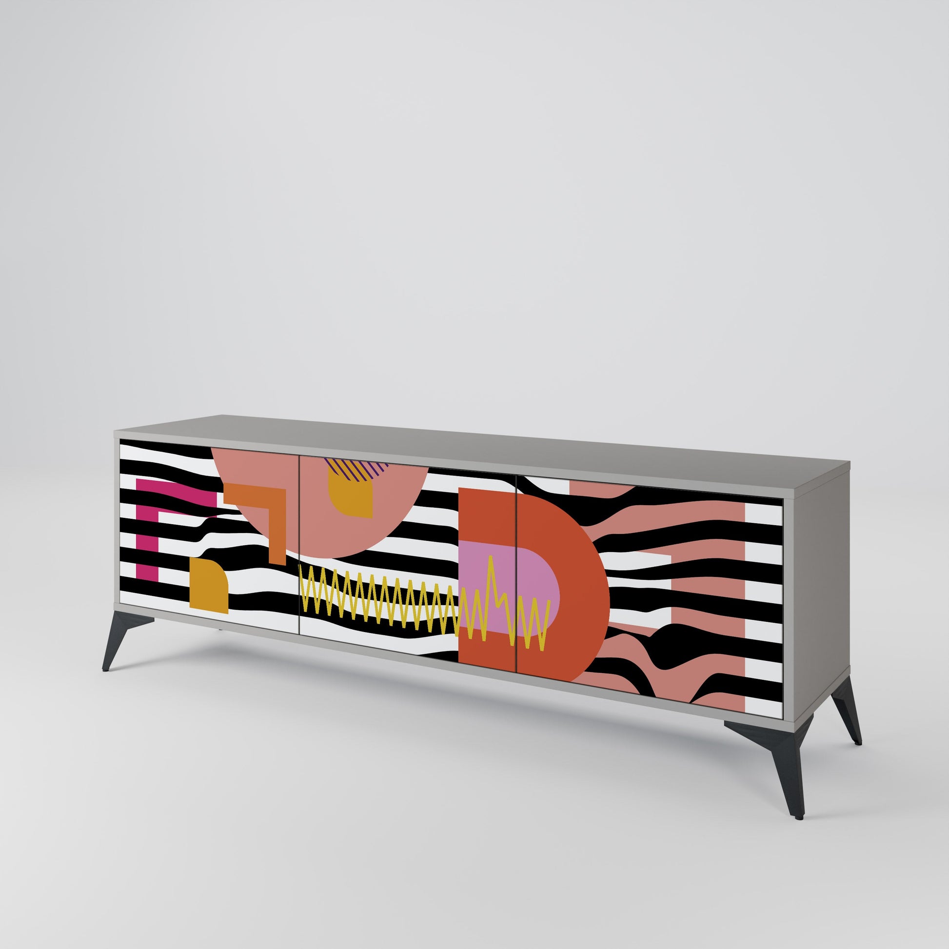 Meuble TV 3 portes CHROMATIC ABSTRACT, finition grise