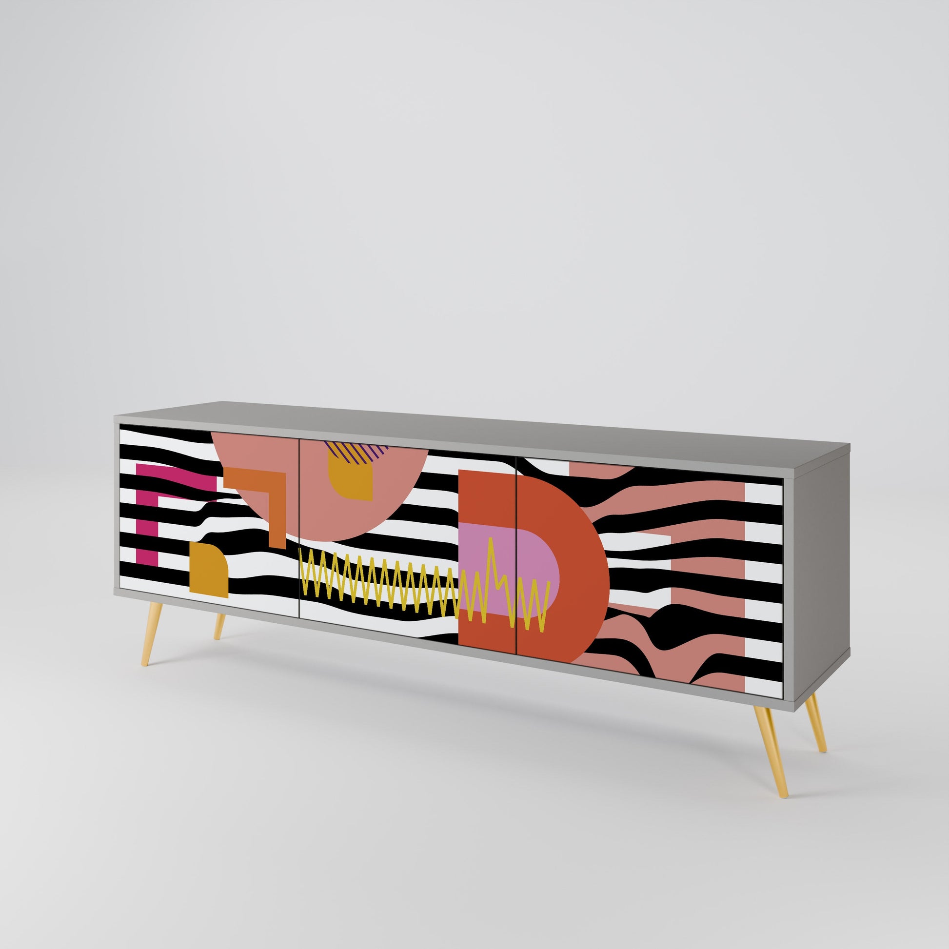 Meuble TV 3 portes CHROMATIC ABSTRACT, finition grise