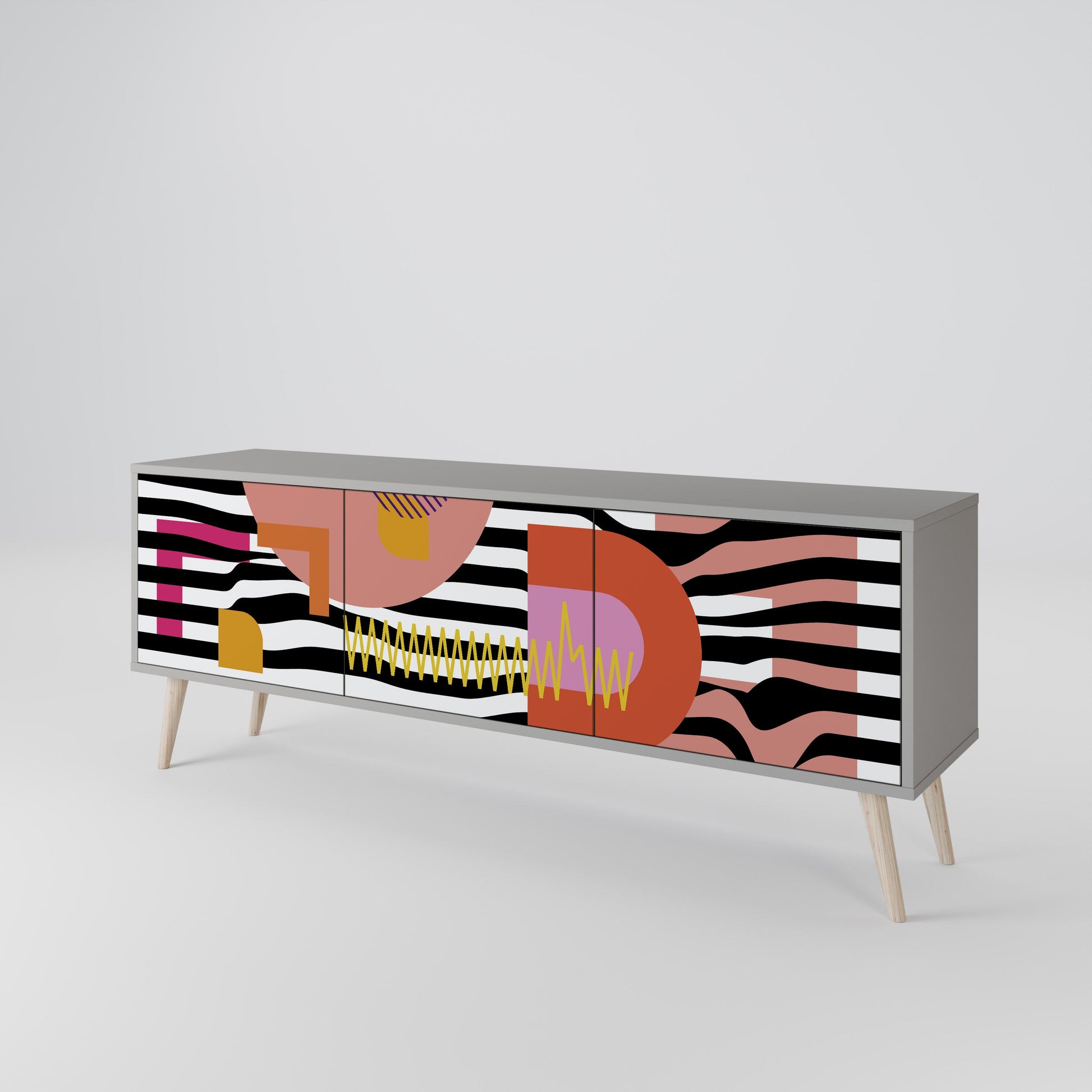 Meuble TV 3 portes CHROMATIC ABSTRACT, finition grise