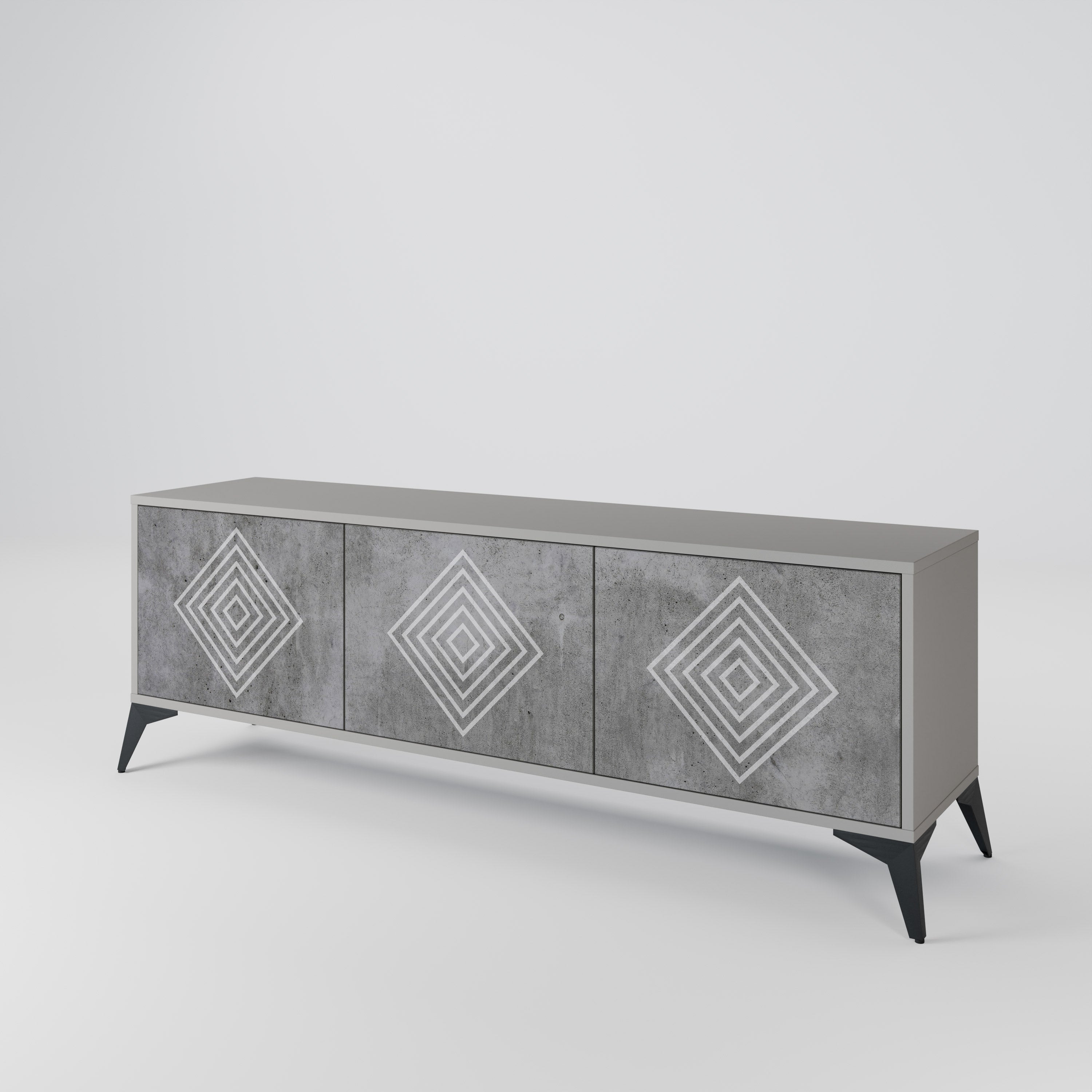 Meuble TV 3 portes POLYGONAL ARTISTRY, finition grise