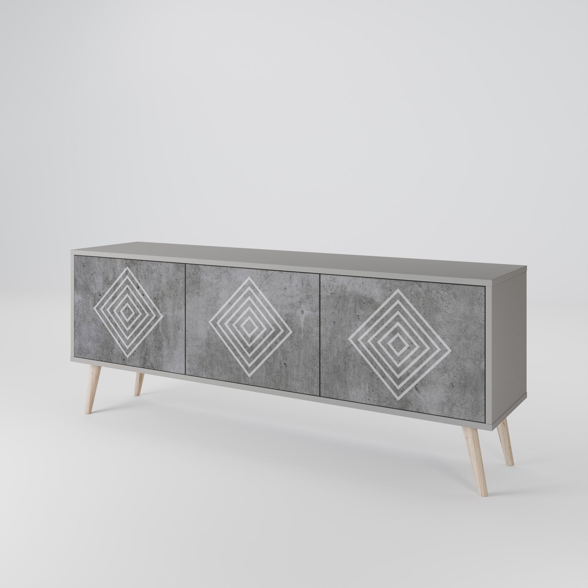 Meuble TV 3 portes POLYGONAL ARTISTRY, finition grise