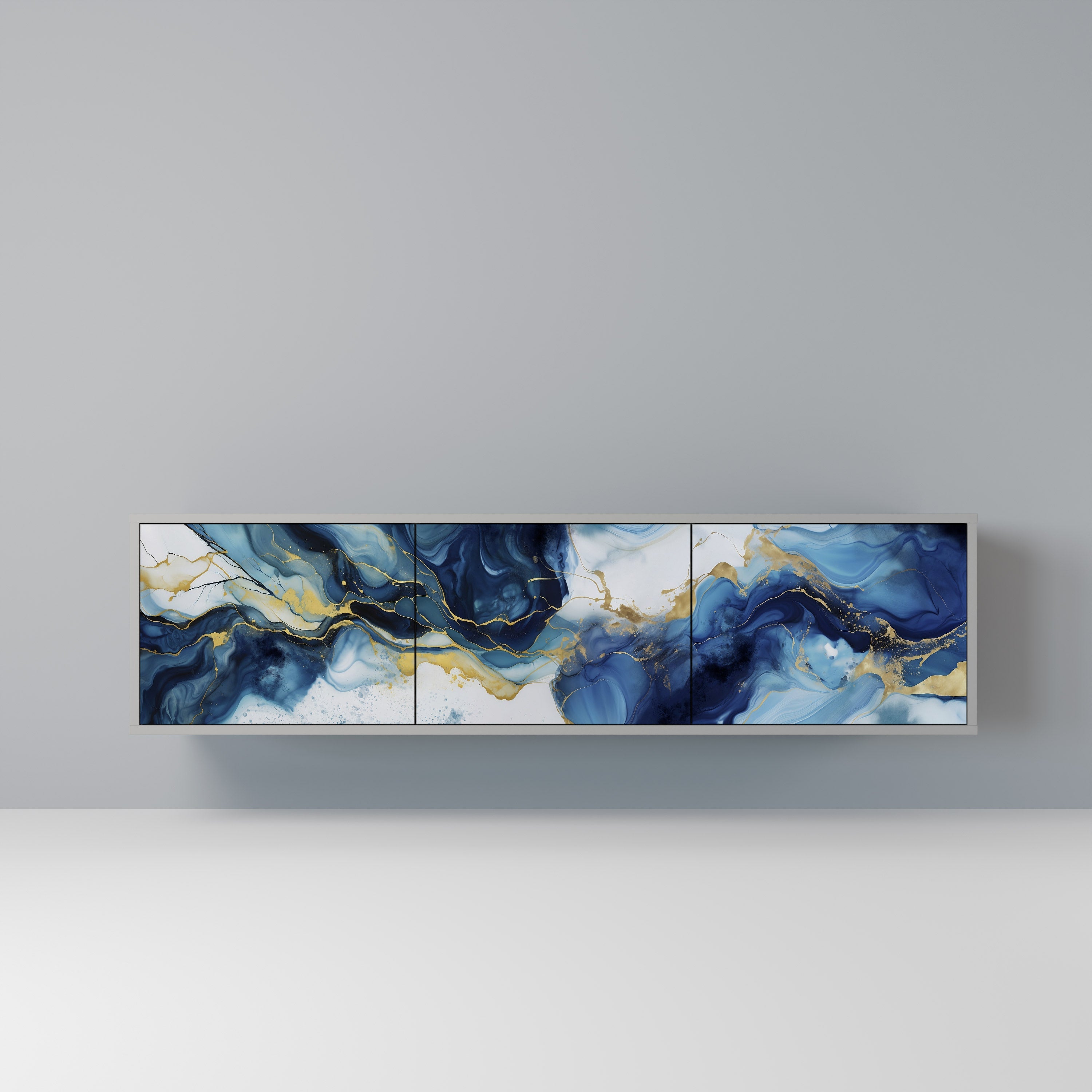 Meuble TV 3 portes en marbre Inky, finition grise