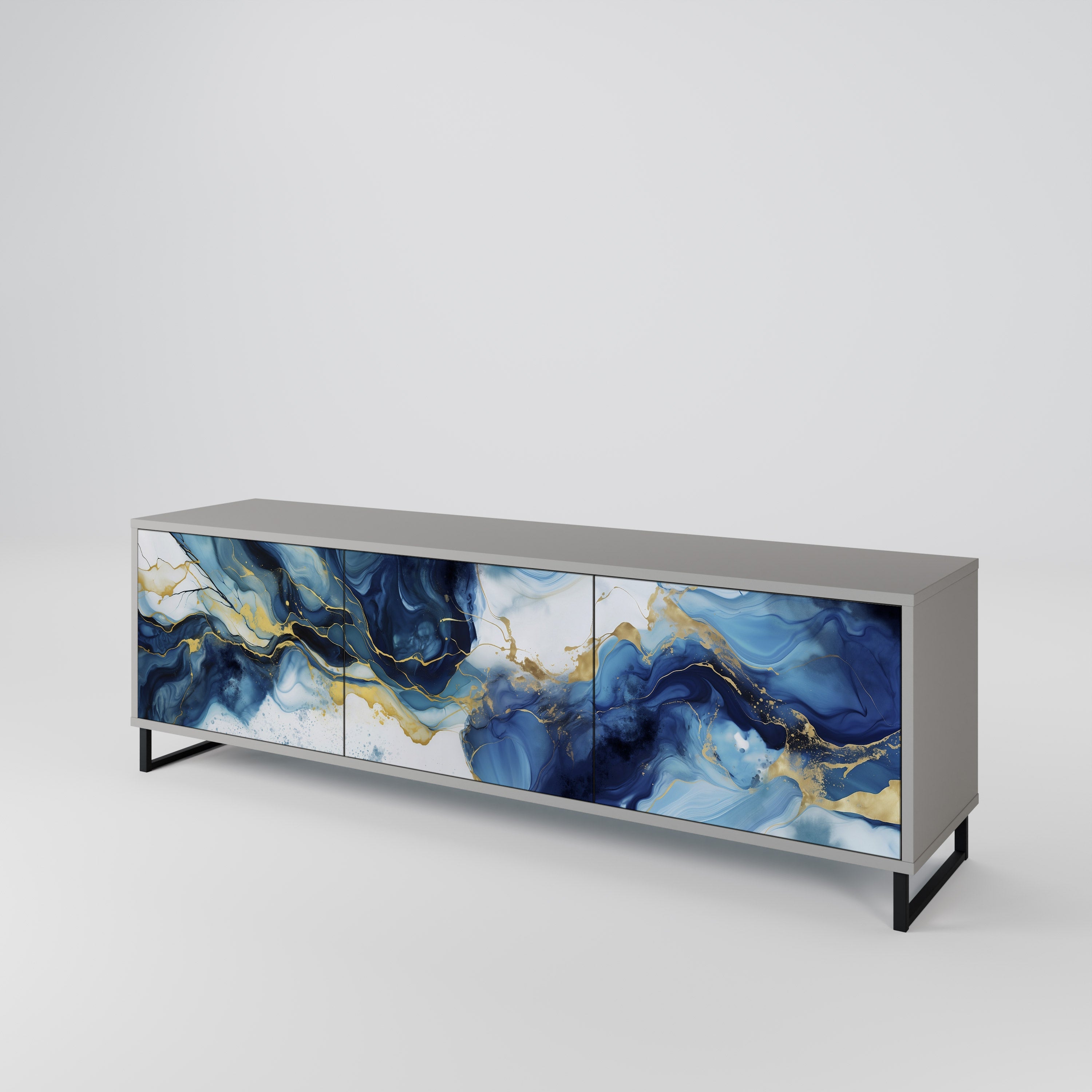 Meuble TV 3 portes en marbre Inky, finition grise