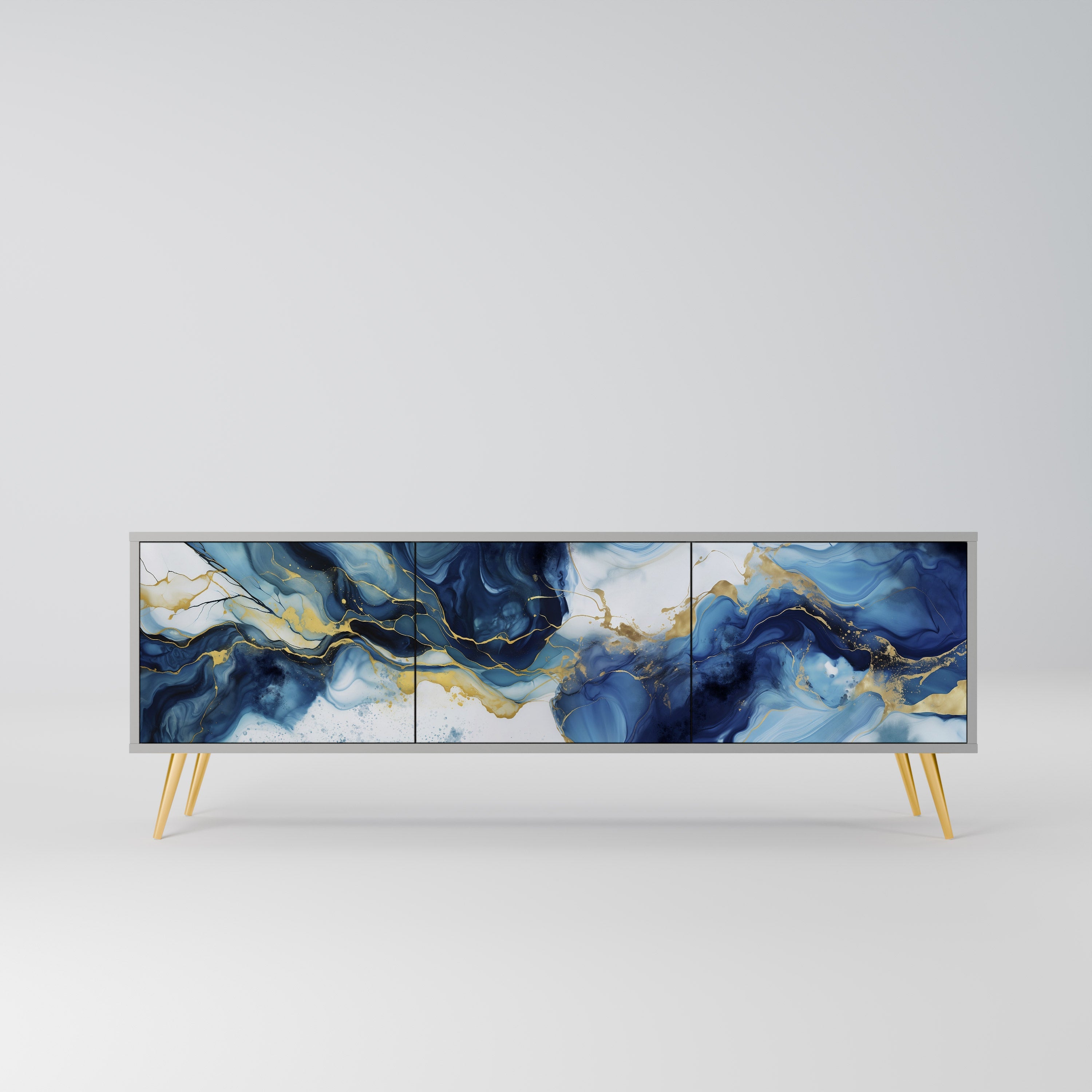 Meuble TV 3 portes en marbre Inky, finition grise