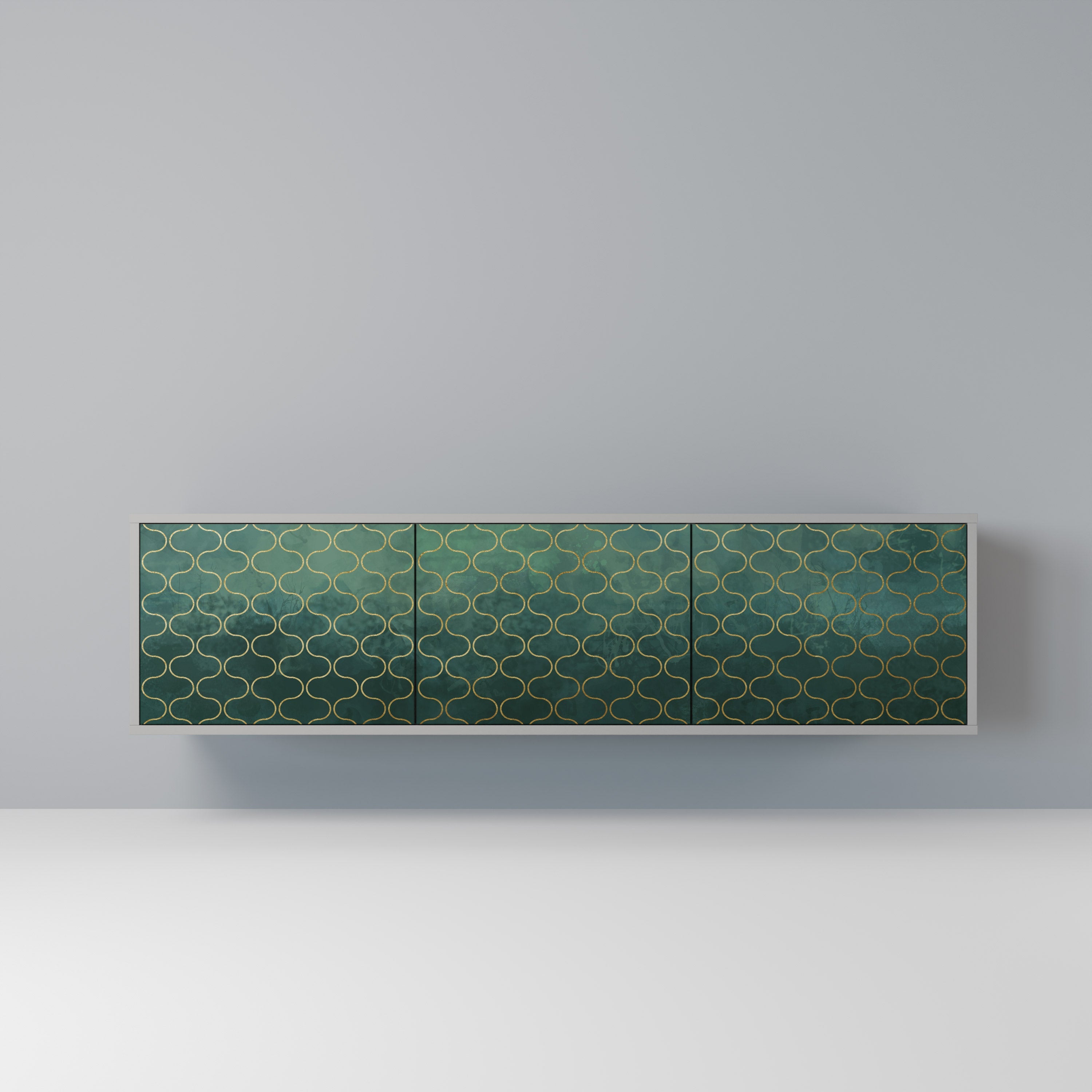 Meuble TV 3 portes TESSELATED GREENERY, finition grise