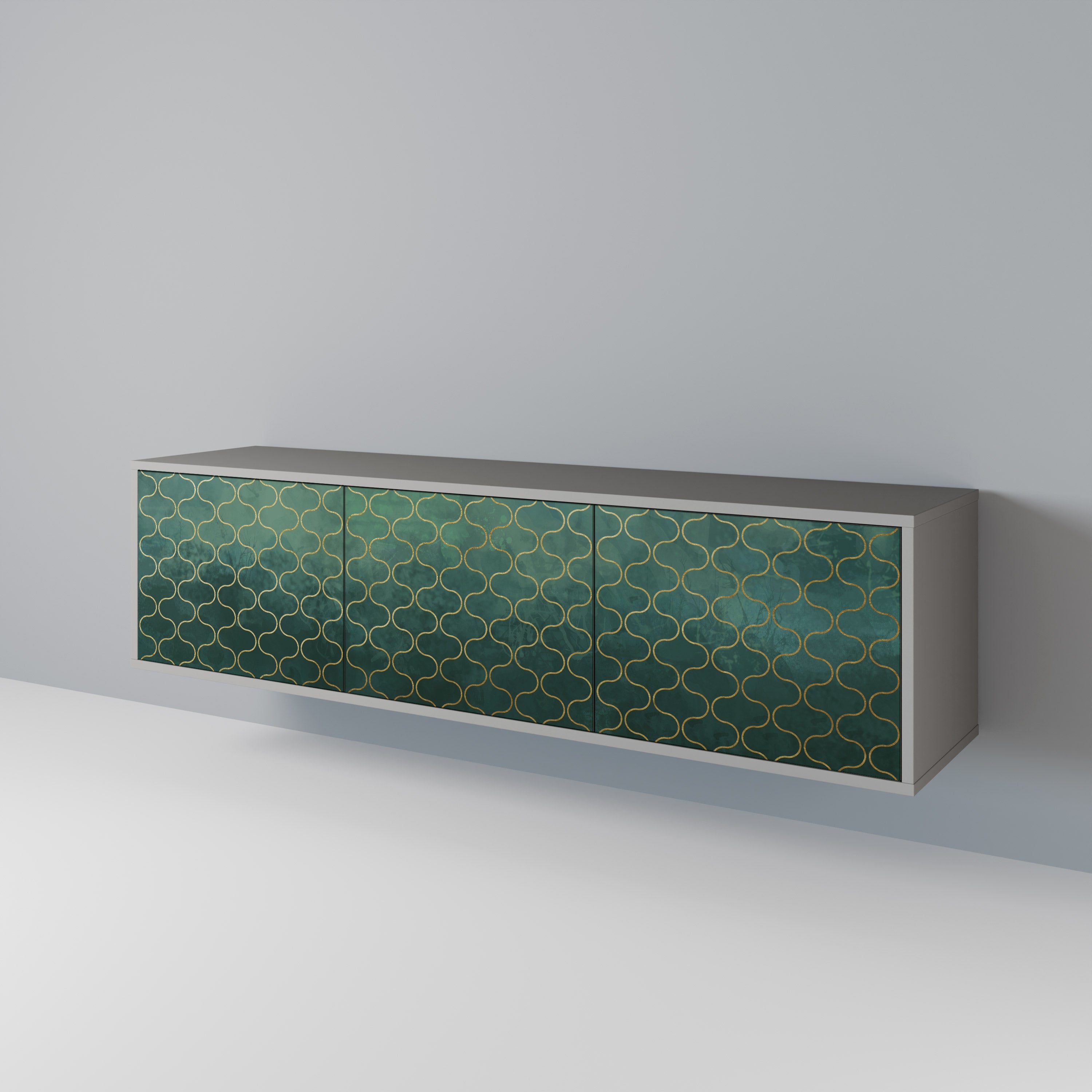 Meuble TV 3 portes TESSELATED GREENERY, finition grise