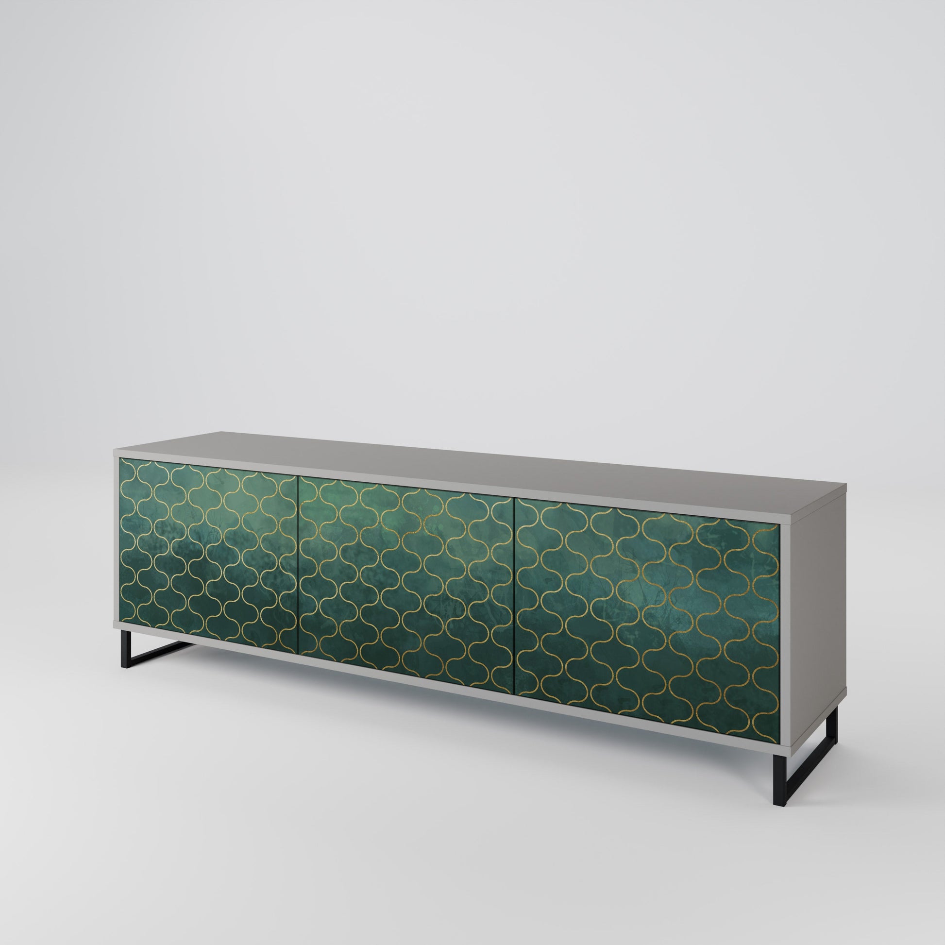 Meuble TV 3 portes TESSELATED GREENERY, finition grise