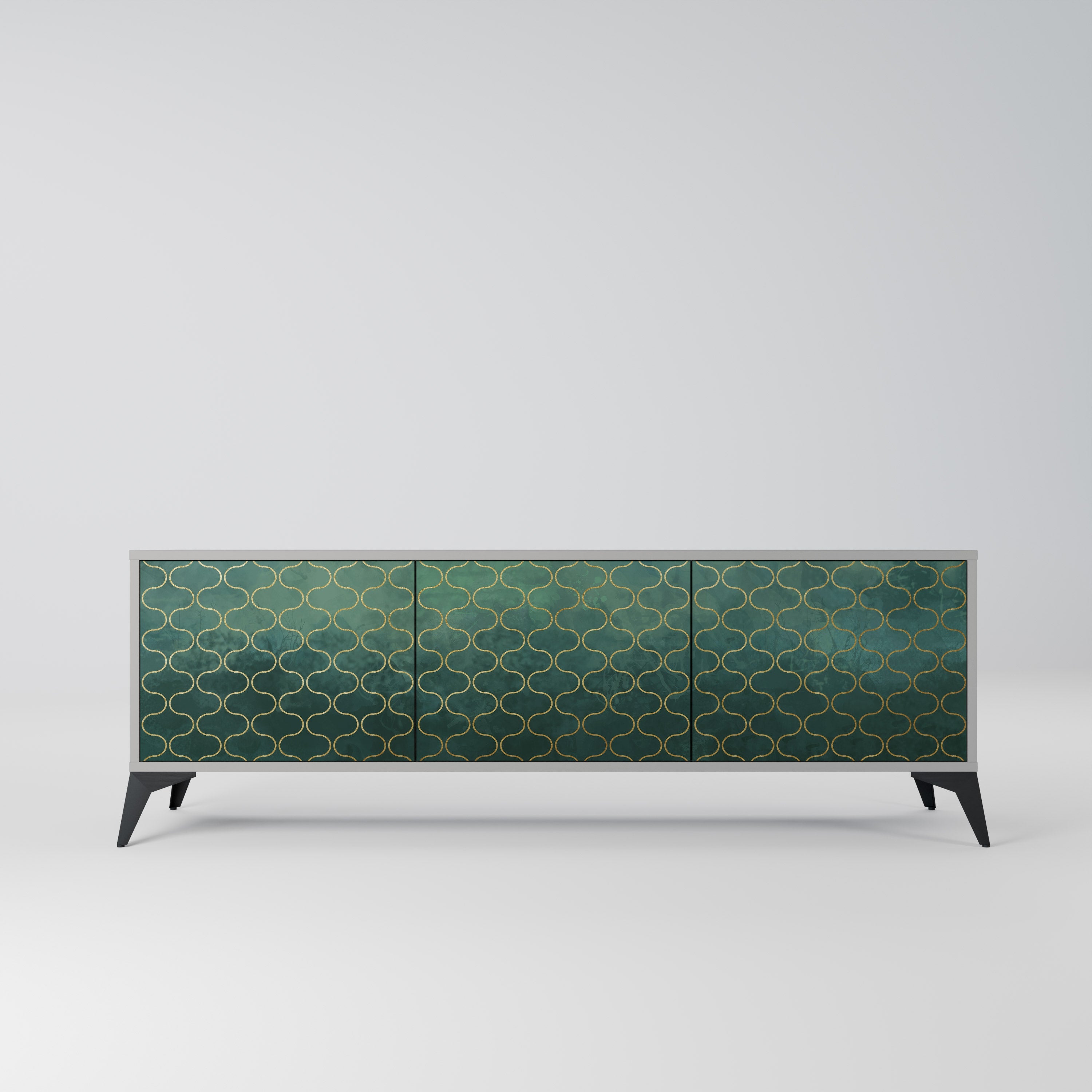 Meuble TV 3 portes TESSELATED GREENERY, finition grise