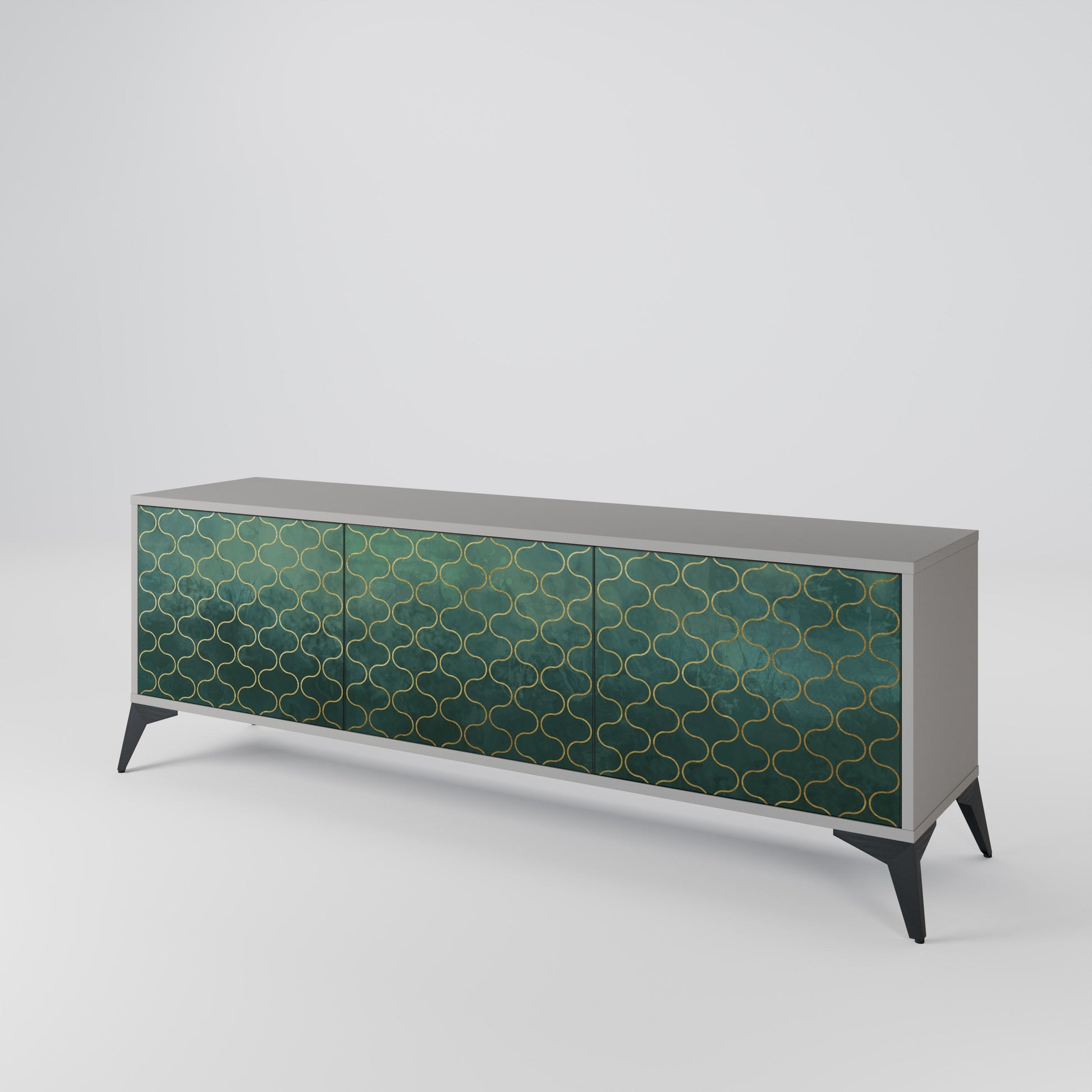 Meuble TV 3 portes TESSELATED GREENERY, finition grise