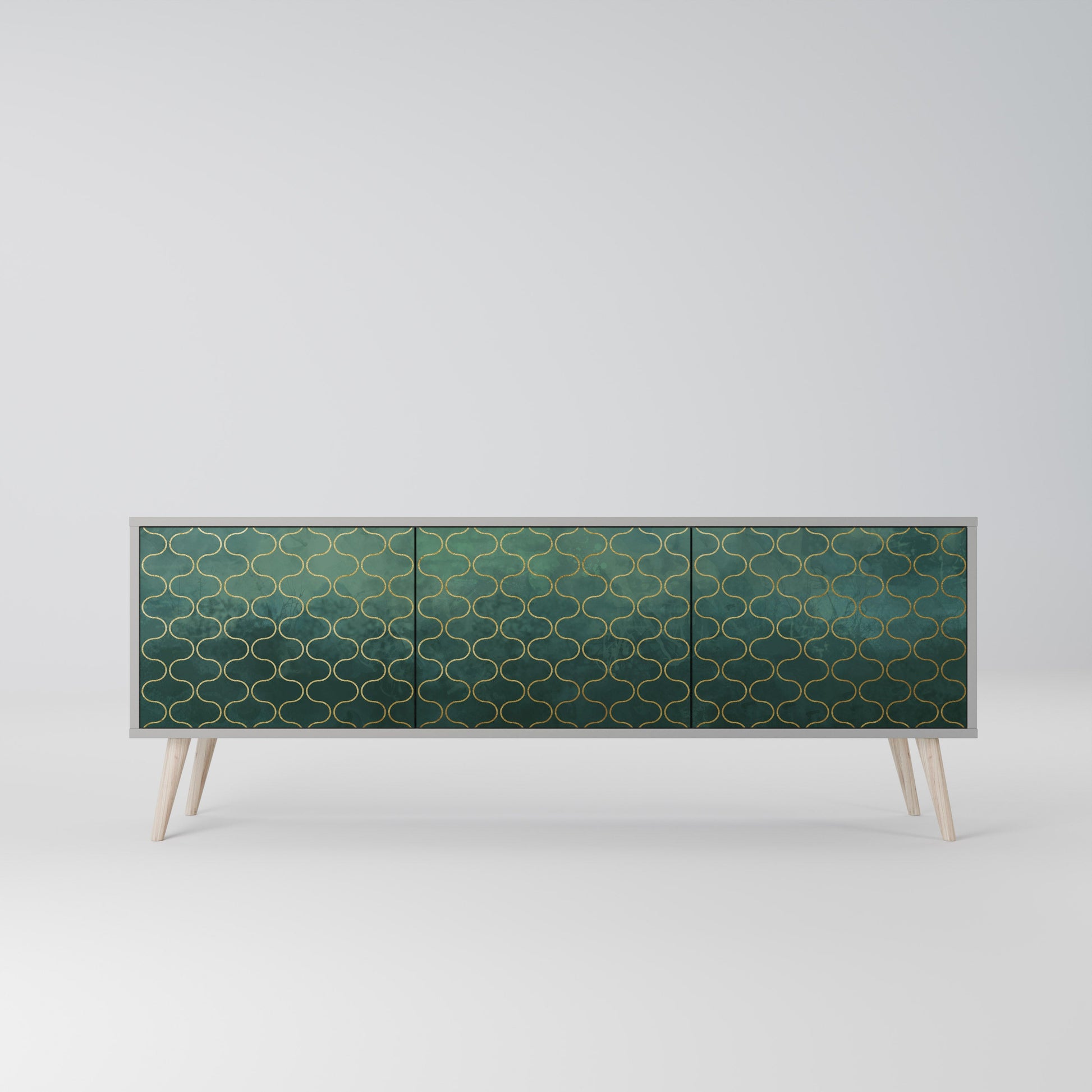 Meuble TV 3 portes TESSELATED GREENERY, finition grise