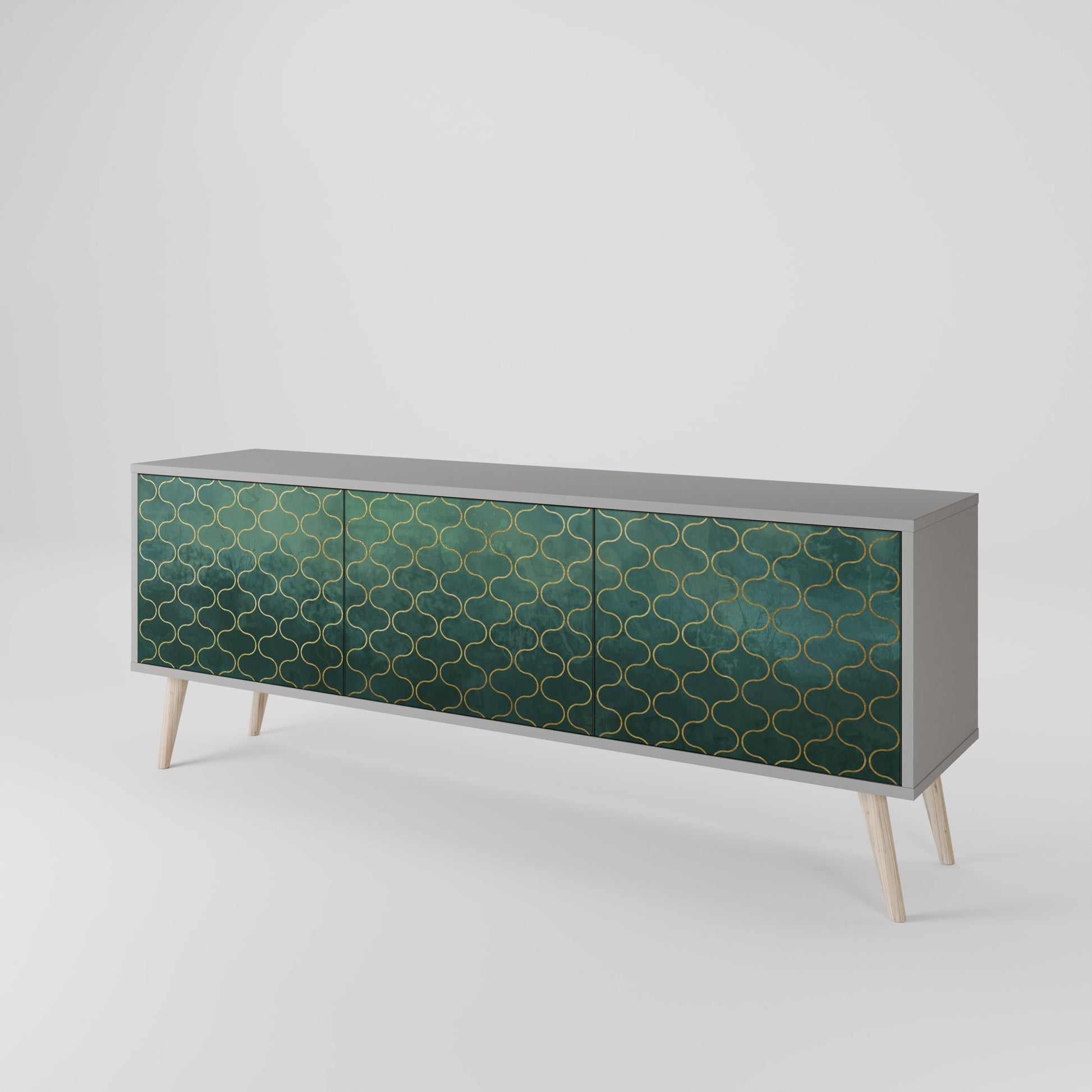 Meuble TV 3 portes TESSELATED GREENERY, finition grise