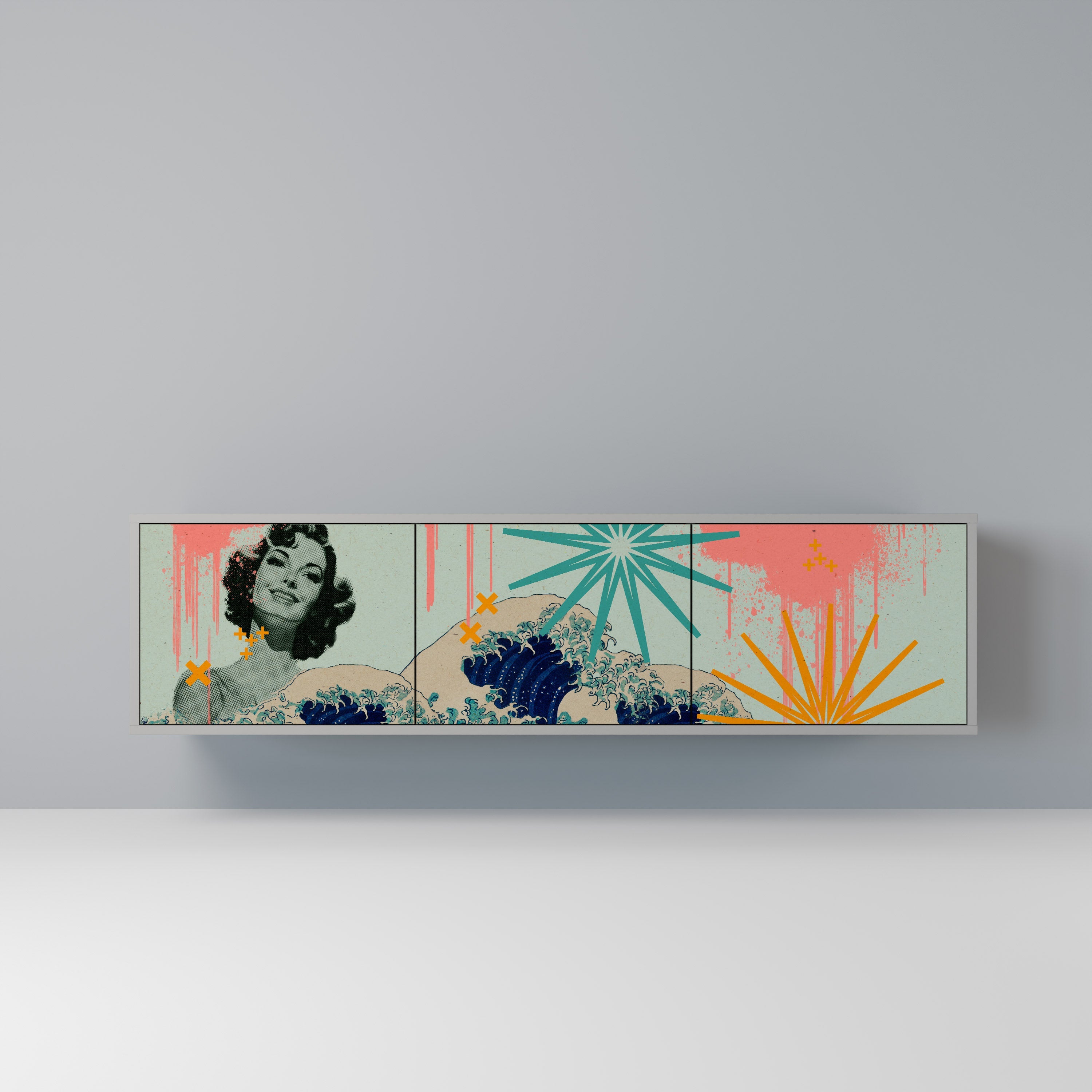 Meuble TV 3 portes KANAGAWA BEAUTY, finition grise