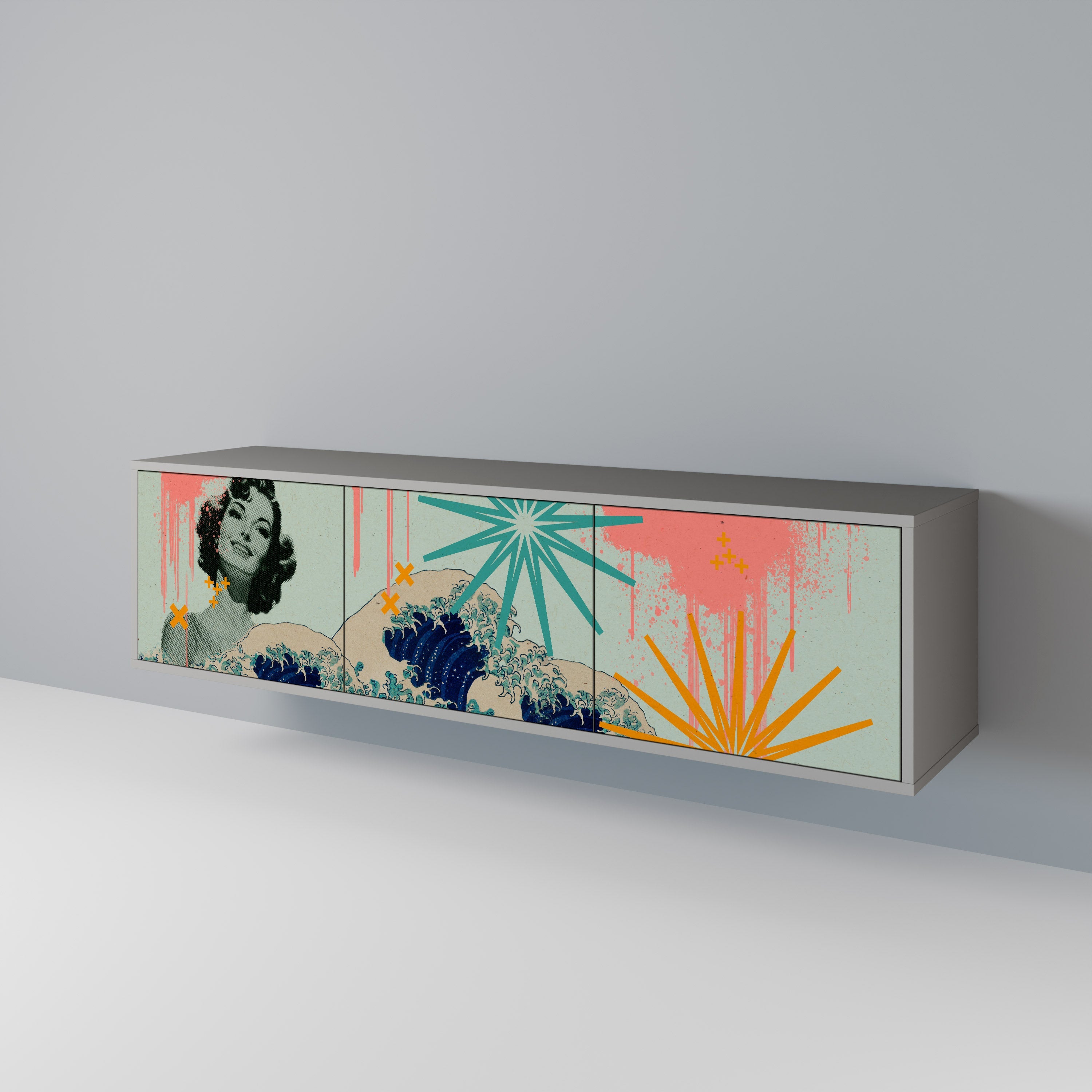 KANAGAWA BEAUTY 3-Door TV Stand in Grey Finish