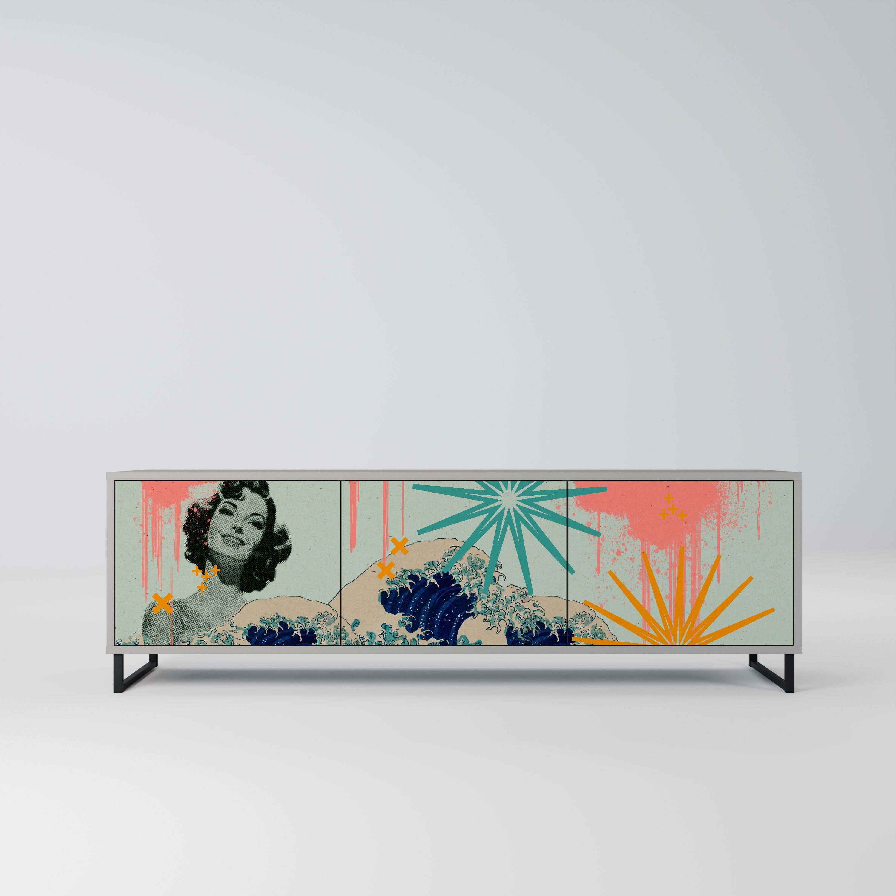 Meuble TV 3 portes KANAGAWA BEAUTY, finition grise