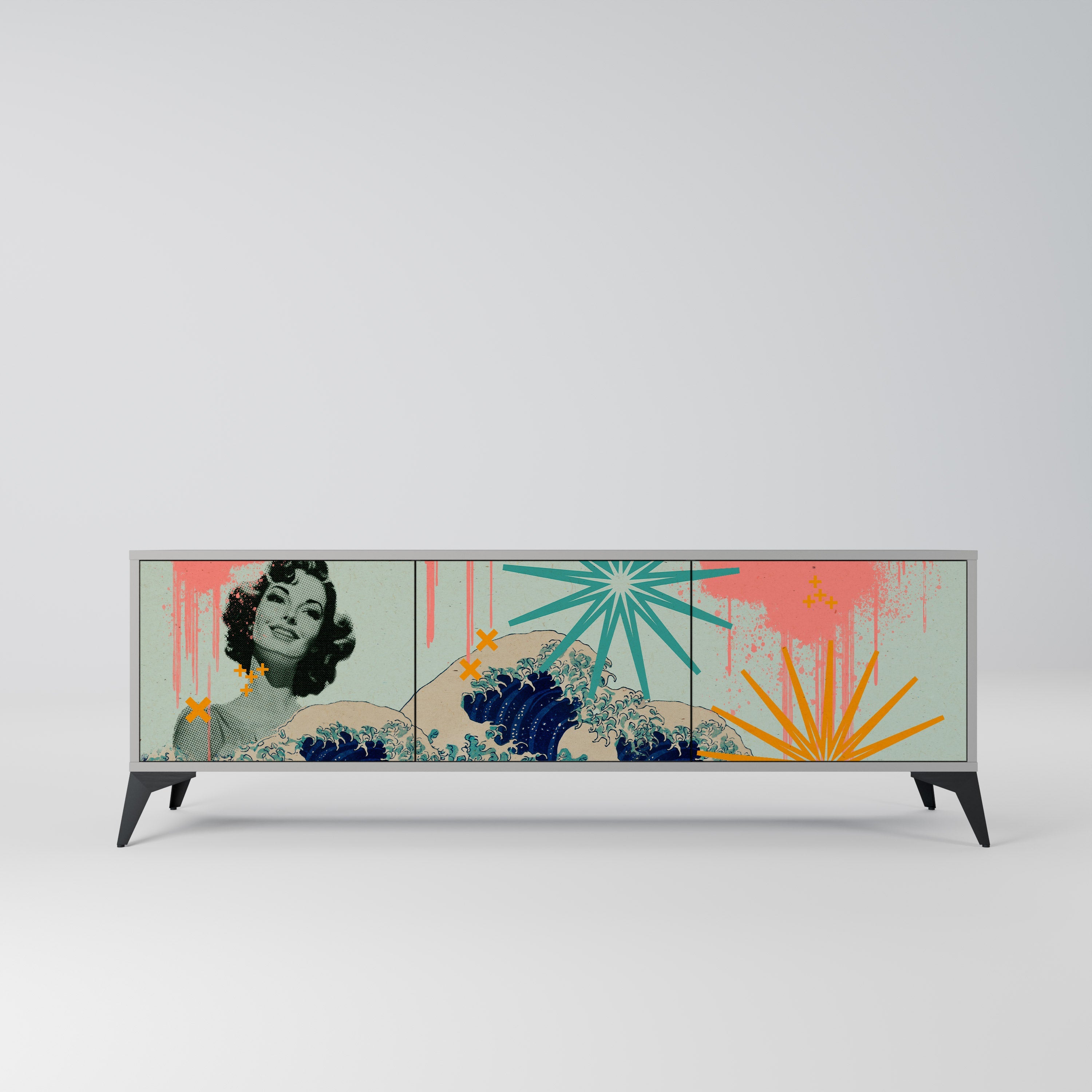 Meuble TV 3 portes KANAGAWA BEAUTY, finition grise