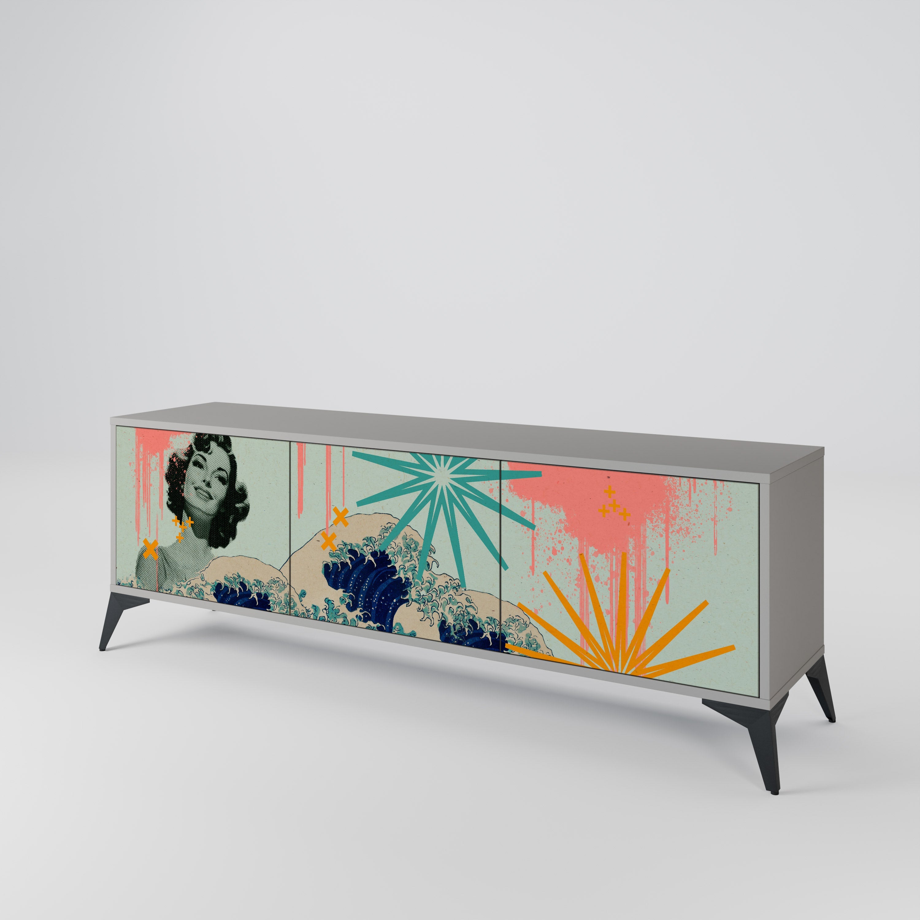 KANAGAWA BEAUTY 3-Door TV Stand in Grey Finish