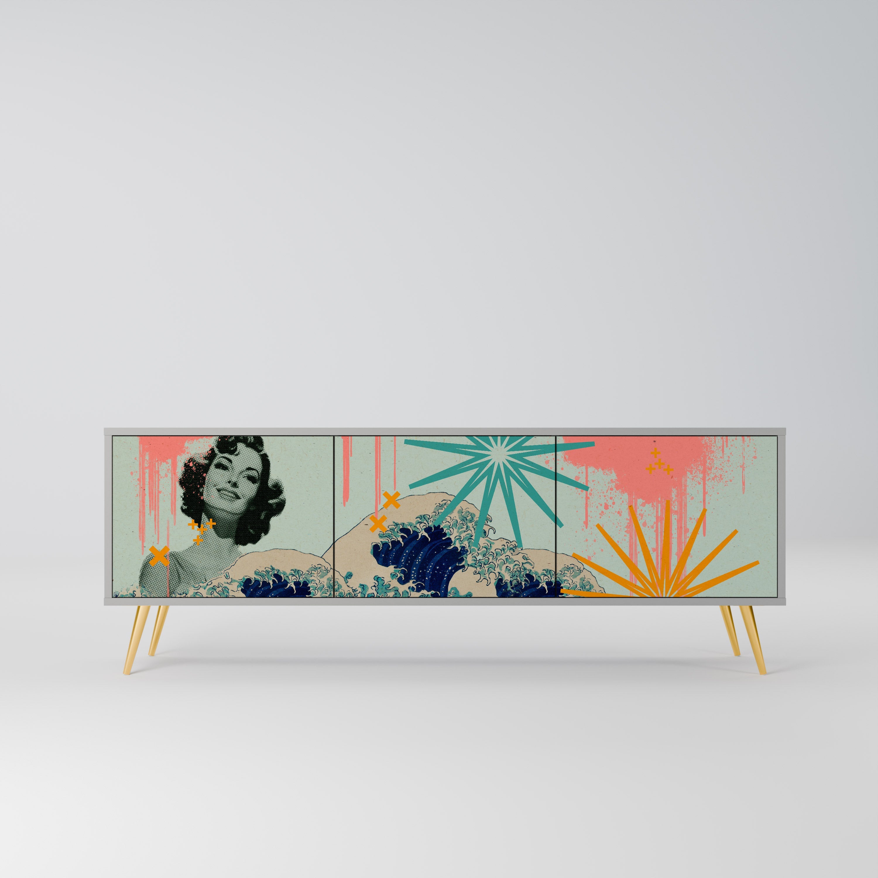 Meuble TV 3 portes KANAGAWA BEAUTY, finition grise