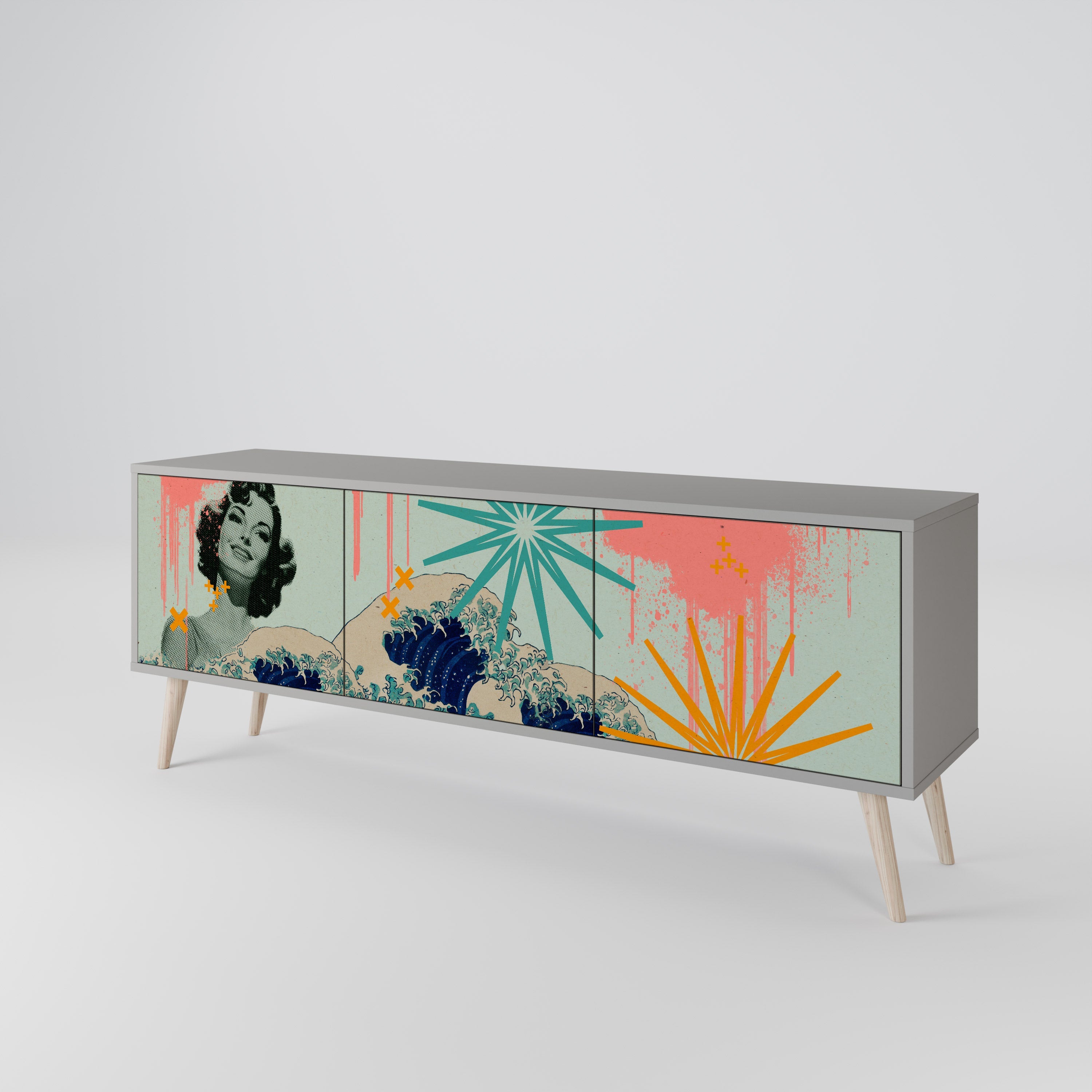 KANAGAWA BEAUTY 3-Door TV Stand in Grey Finish