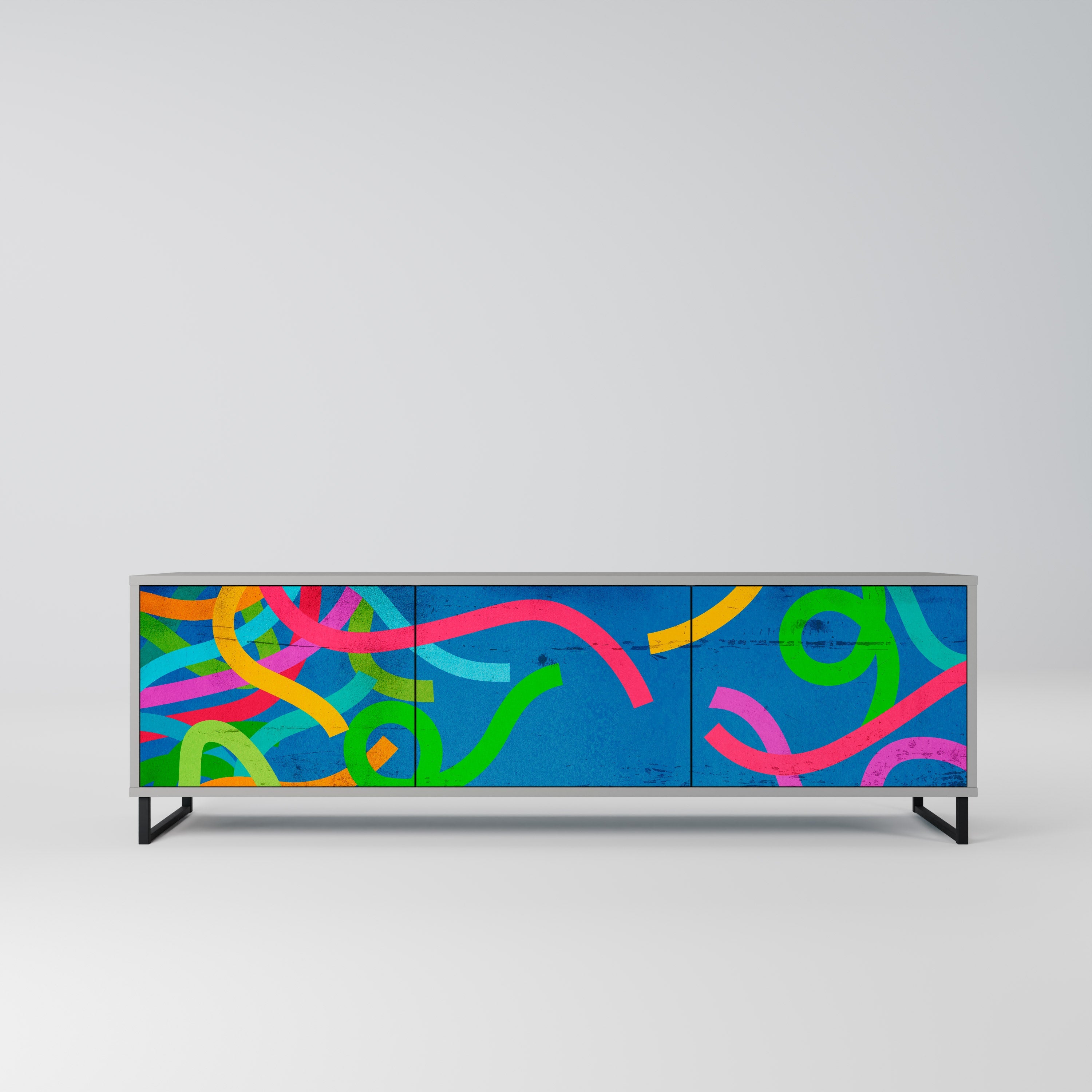 Meuble TV 3 portes STREAMER TANGLE, finition grise