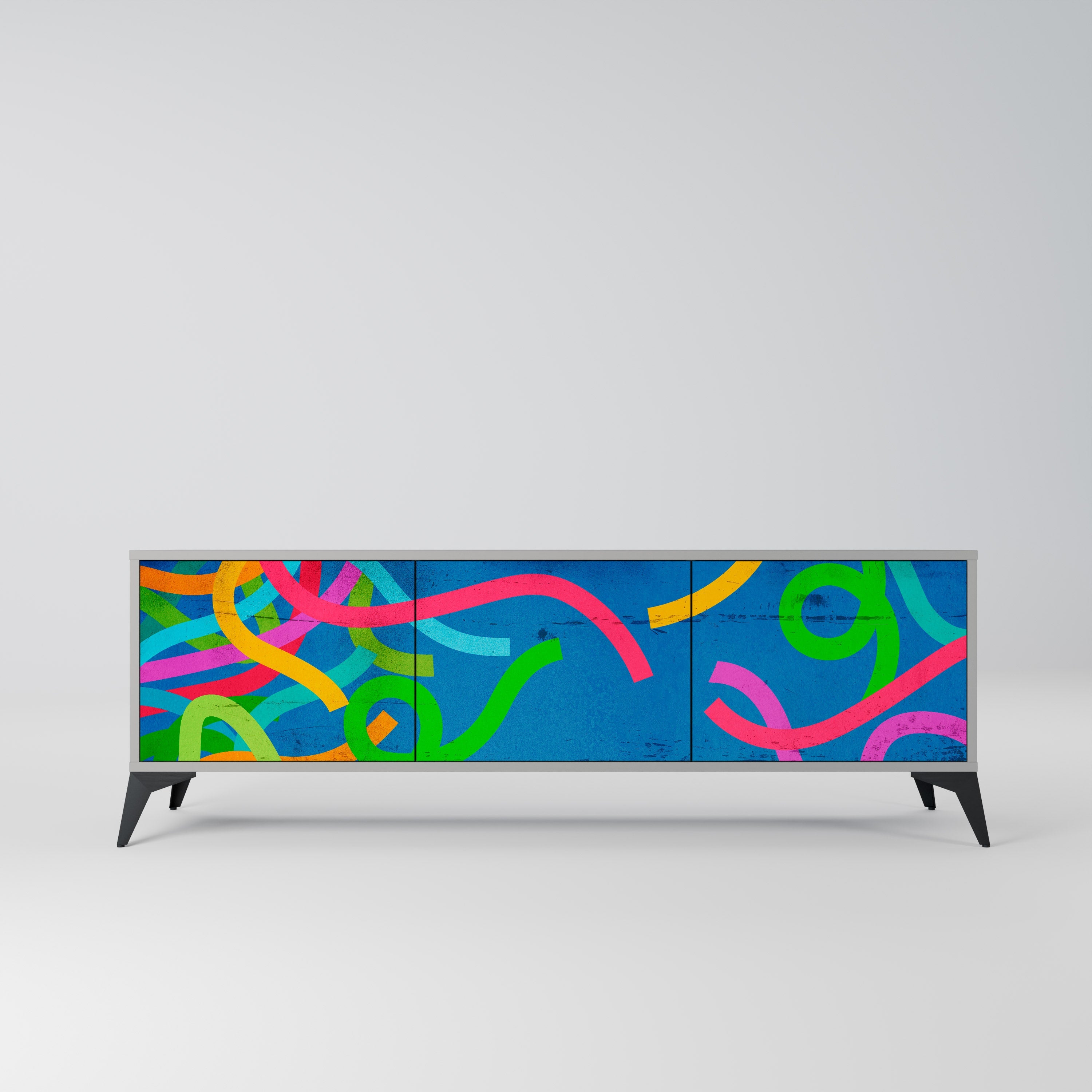 Meuble TV 3 portes STREAMER TANGLE, finition grise