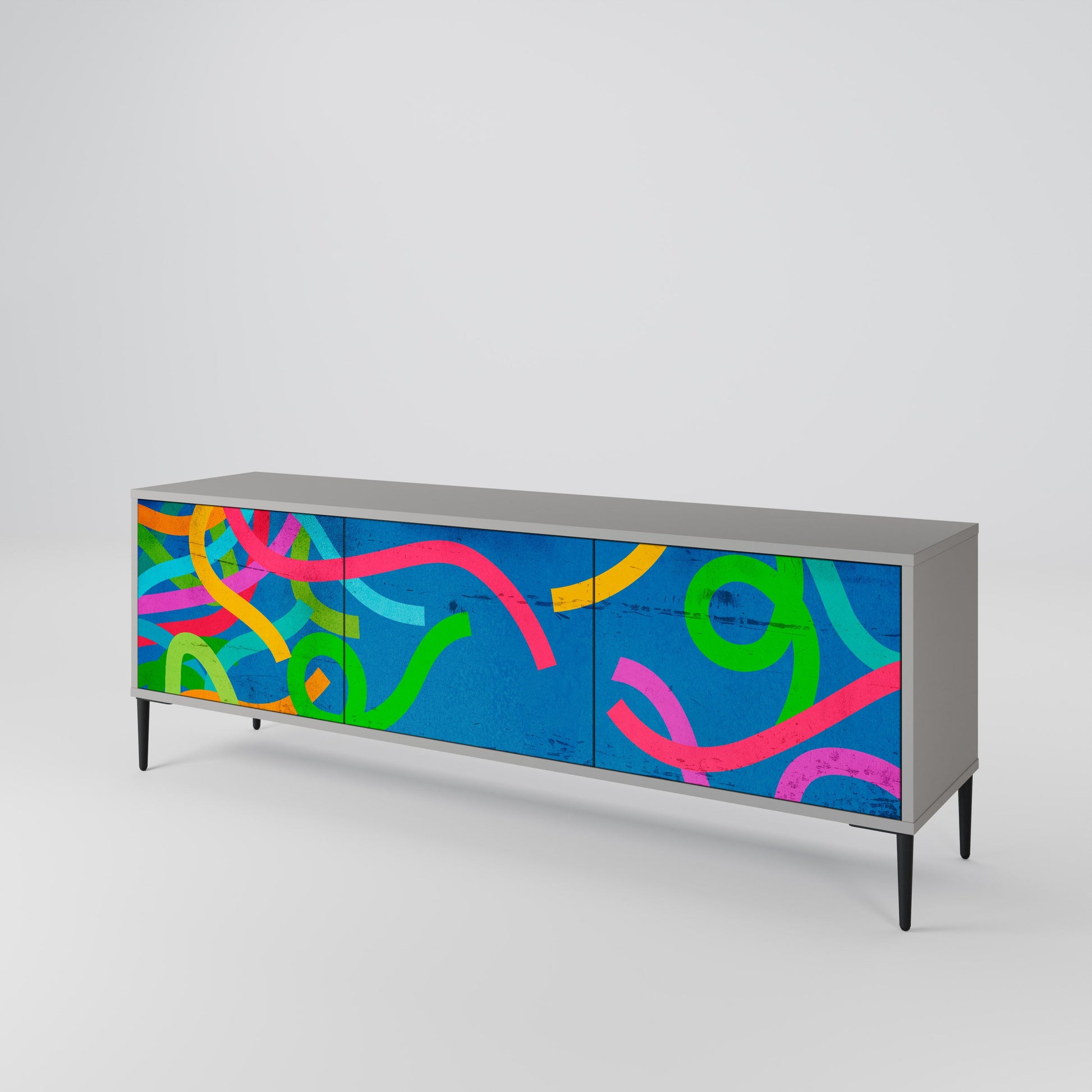 Meuble TV 3 portes STREAMER TANGLE, finition grise