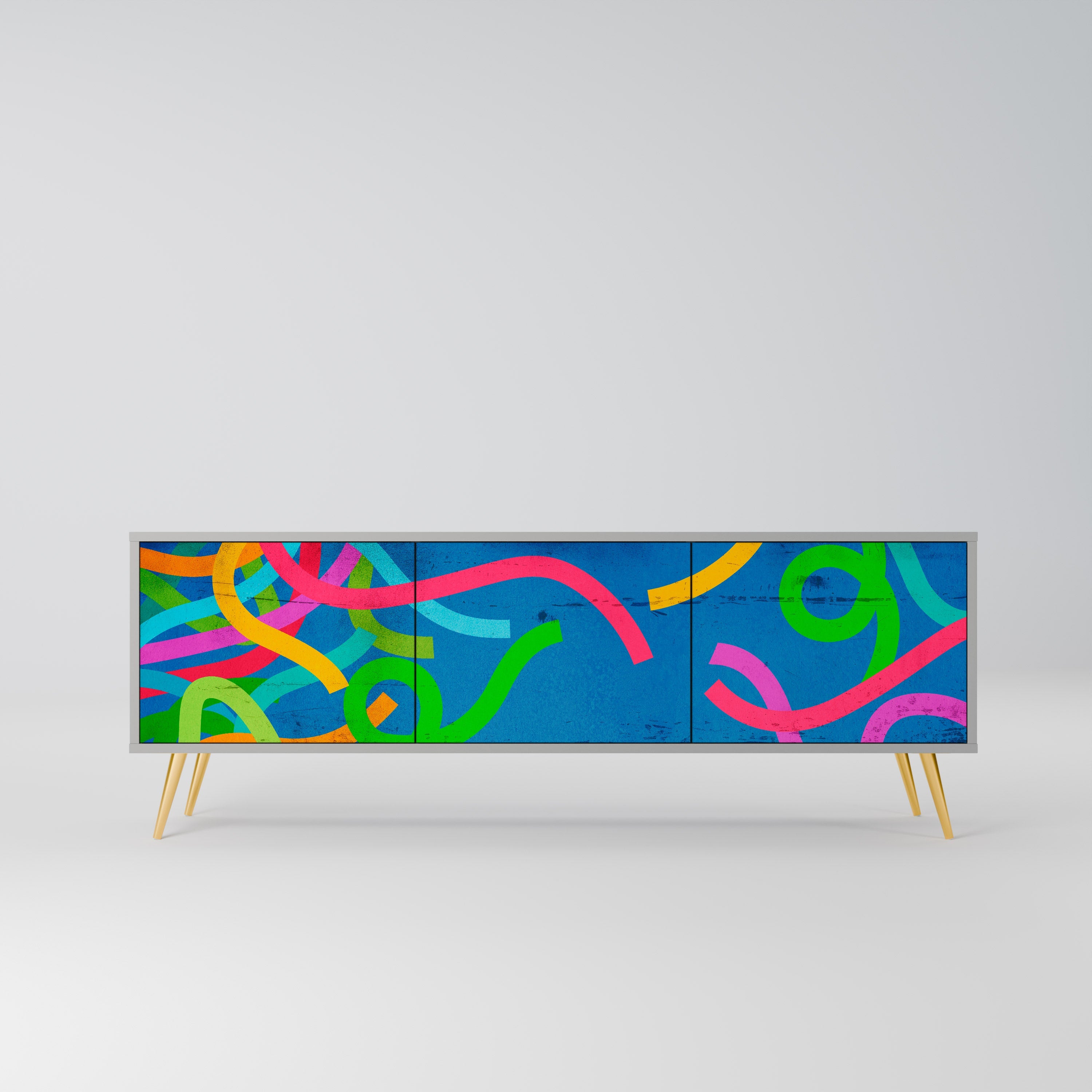 Meuble TV 3 portes STREAMER TANGLE, finition grise