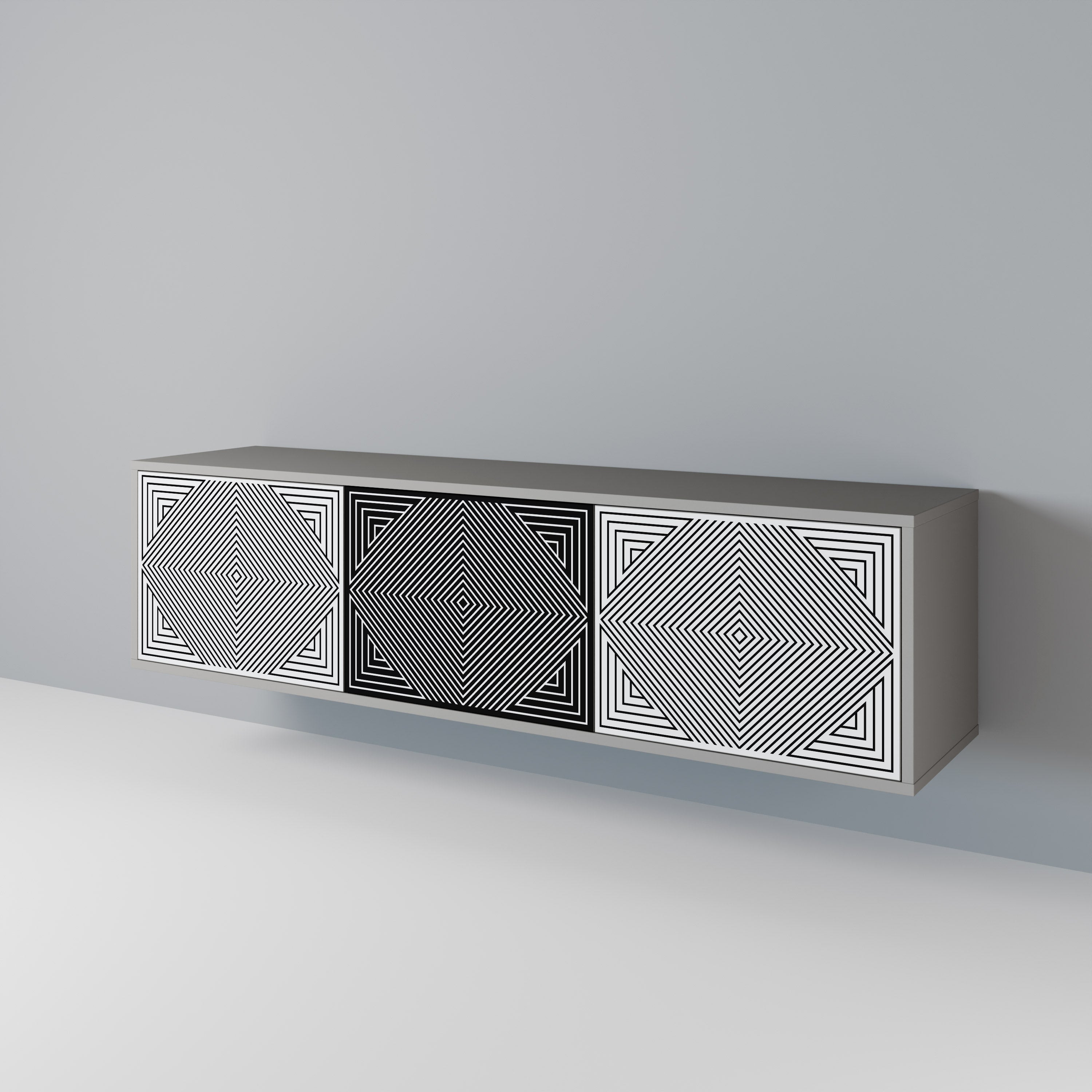 Meuble TV 3 portes POLYGON ILLUSION, finition grise