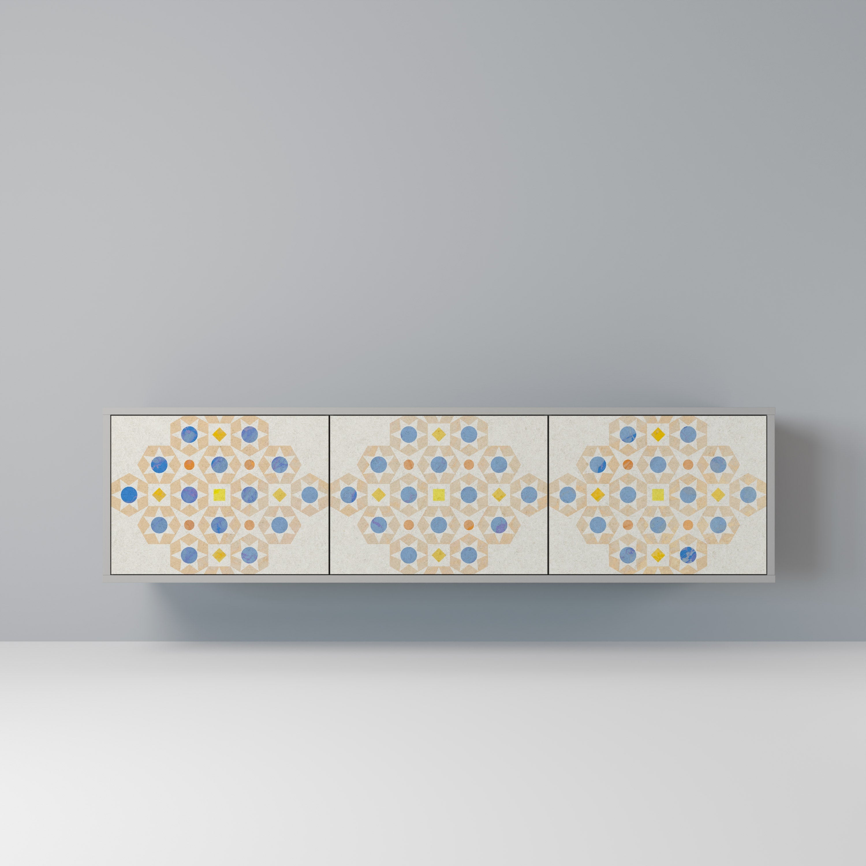 Meuble TV 3 portes PATTERNED PRISM, finition grise