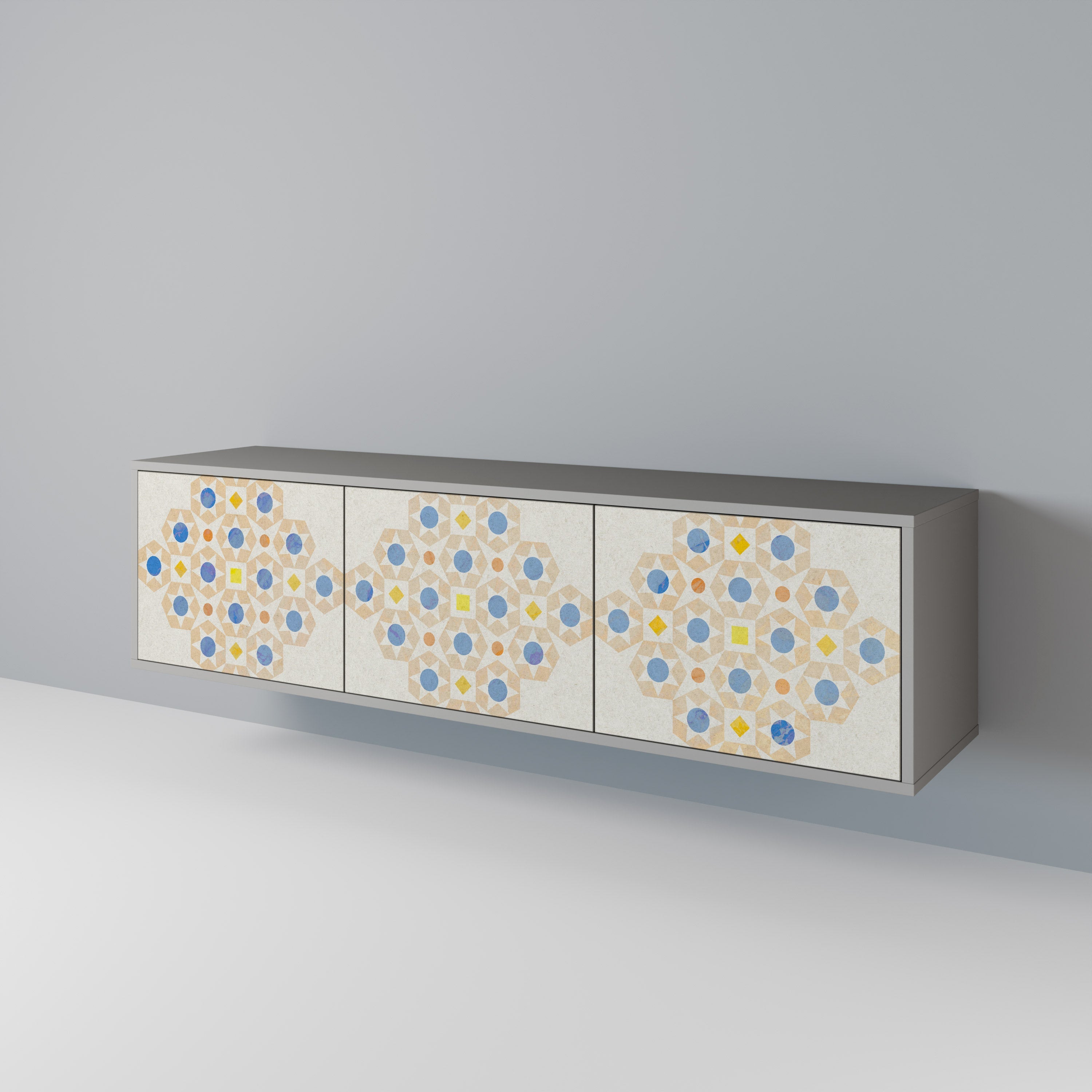 Meuble TV 3 portes PATTERNED PRISM, finition grise