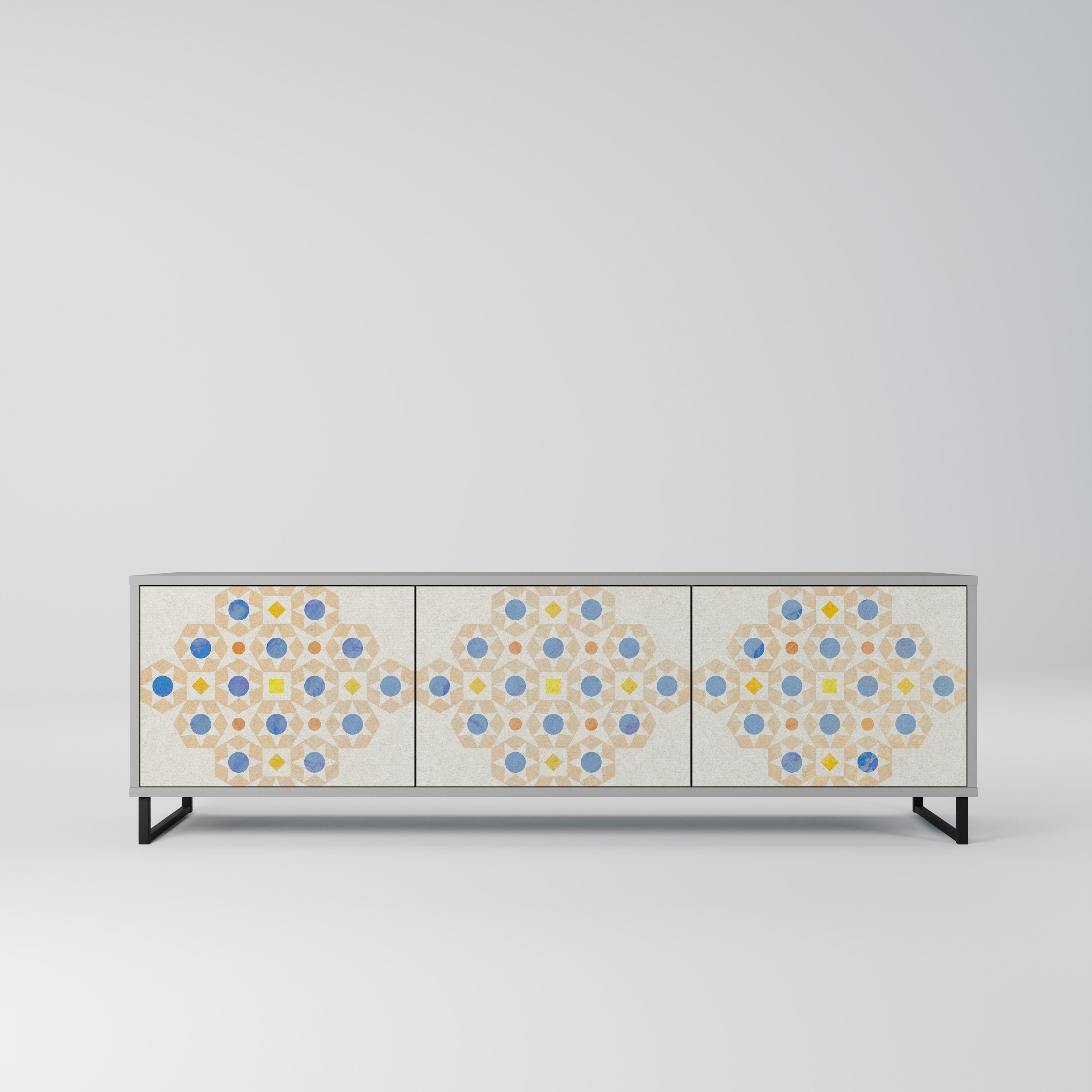 Meuble TV 3 portes PATTERNED PRISM, finition grise