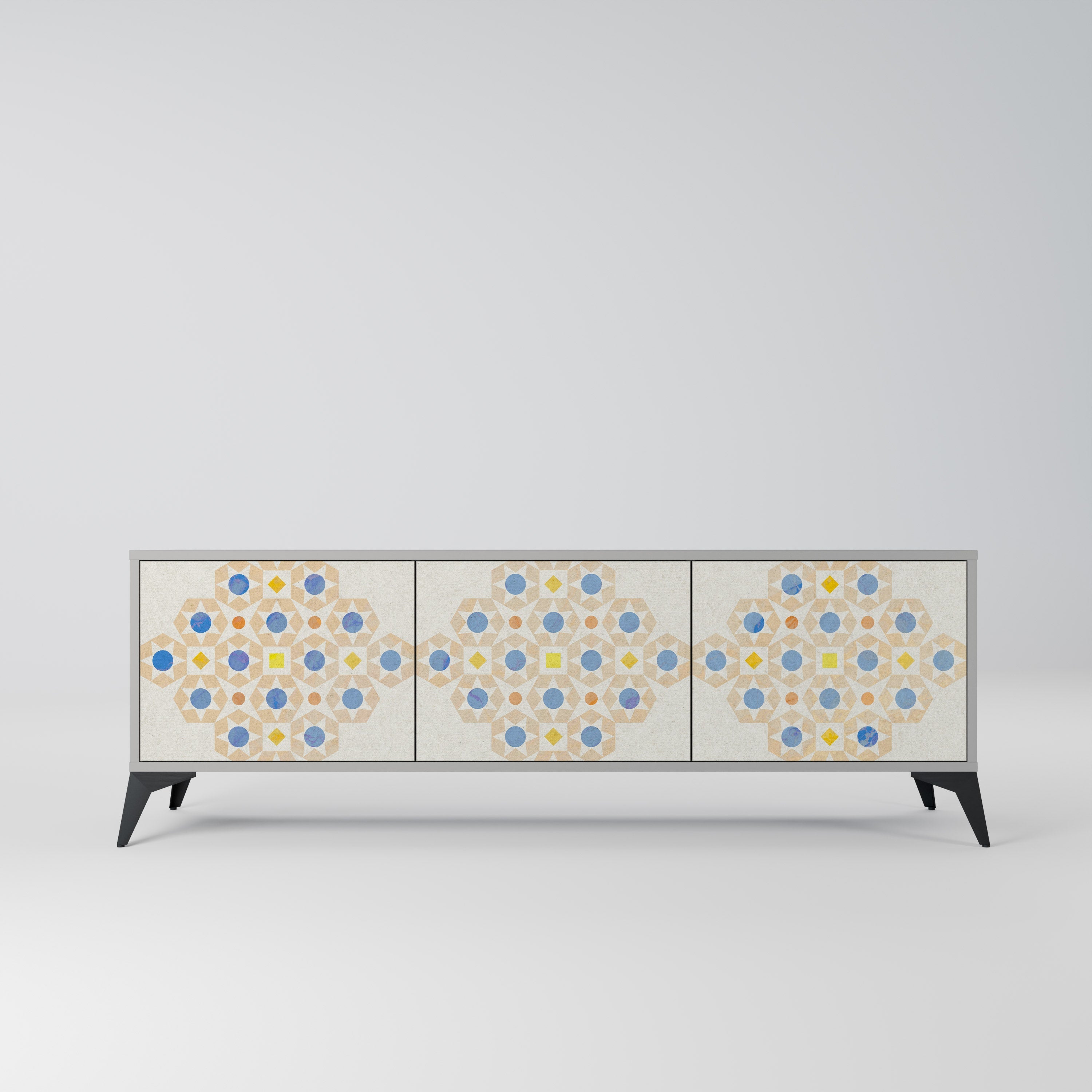 Meuble TV 3 portes PATTERNED PRISM, finition grise