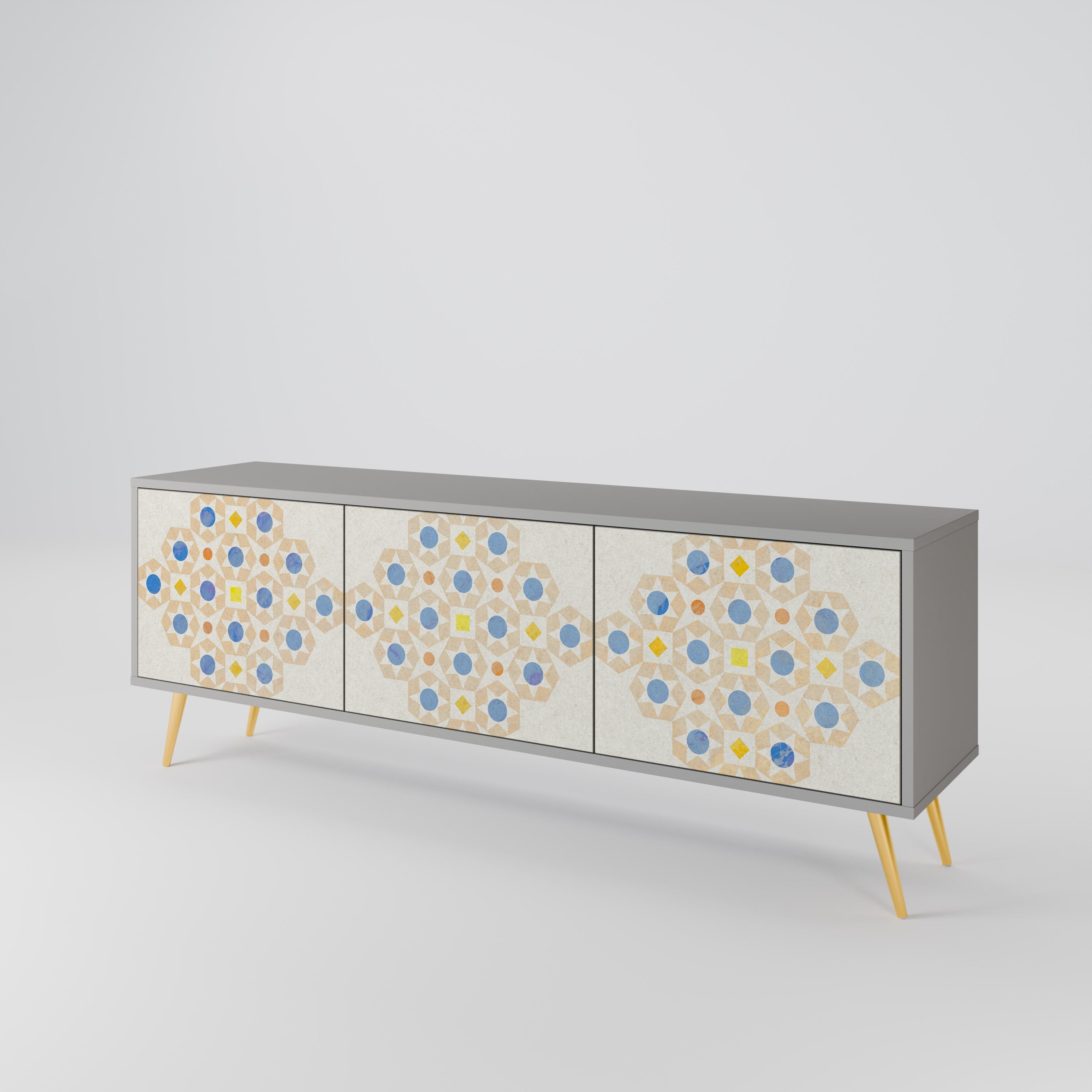 Meuble TV 3 portes PATTERNED PRISM, finition grise