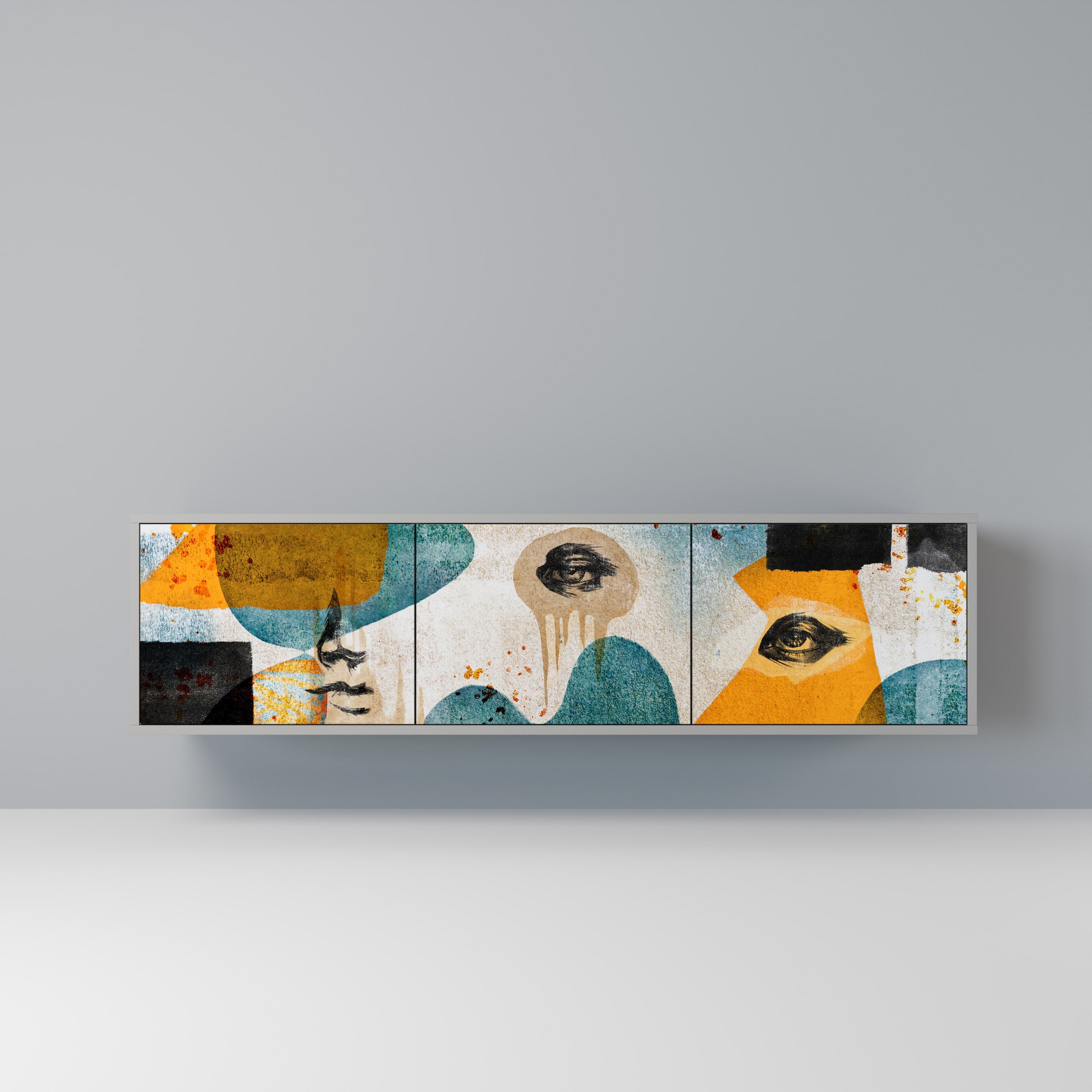 Meuble TV 3 portes ABSTRACT FACES, finition grise