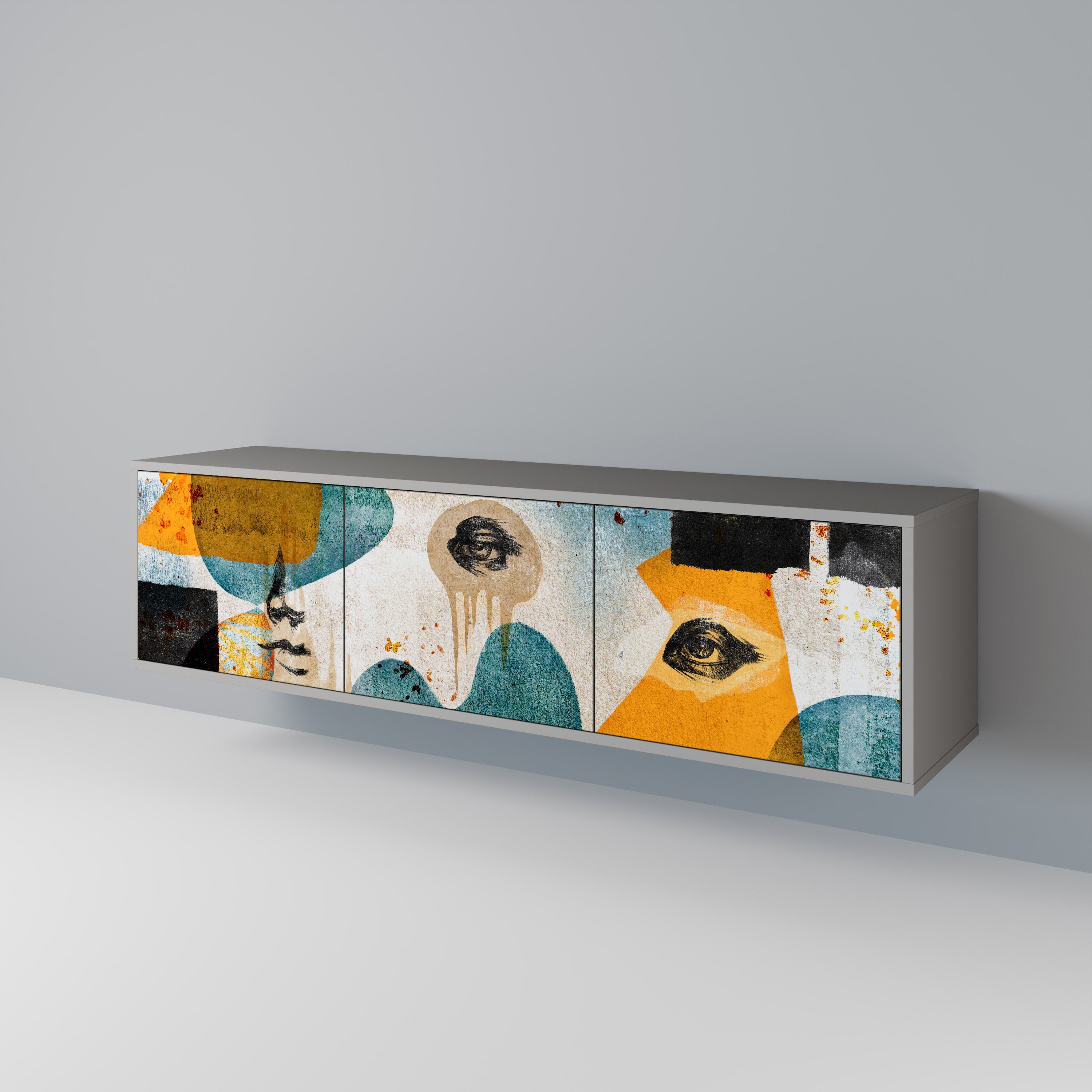 Meuble TV 3 portes ABSTRACT FACES, finition grise