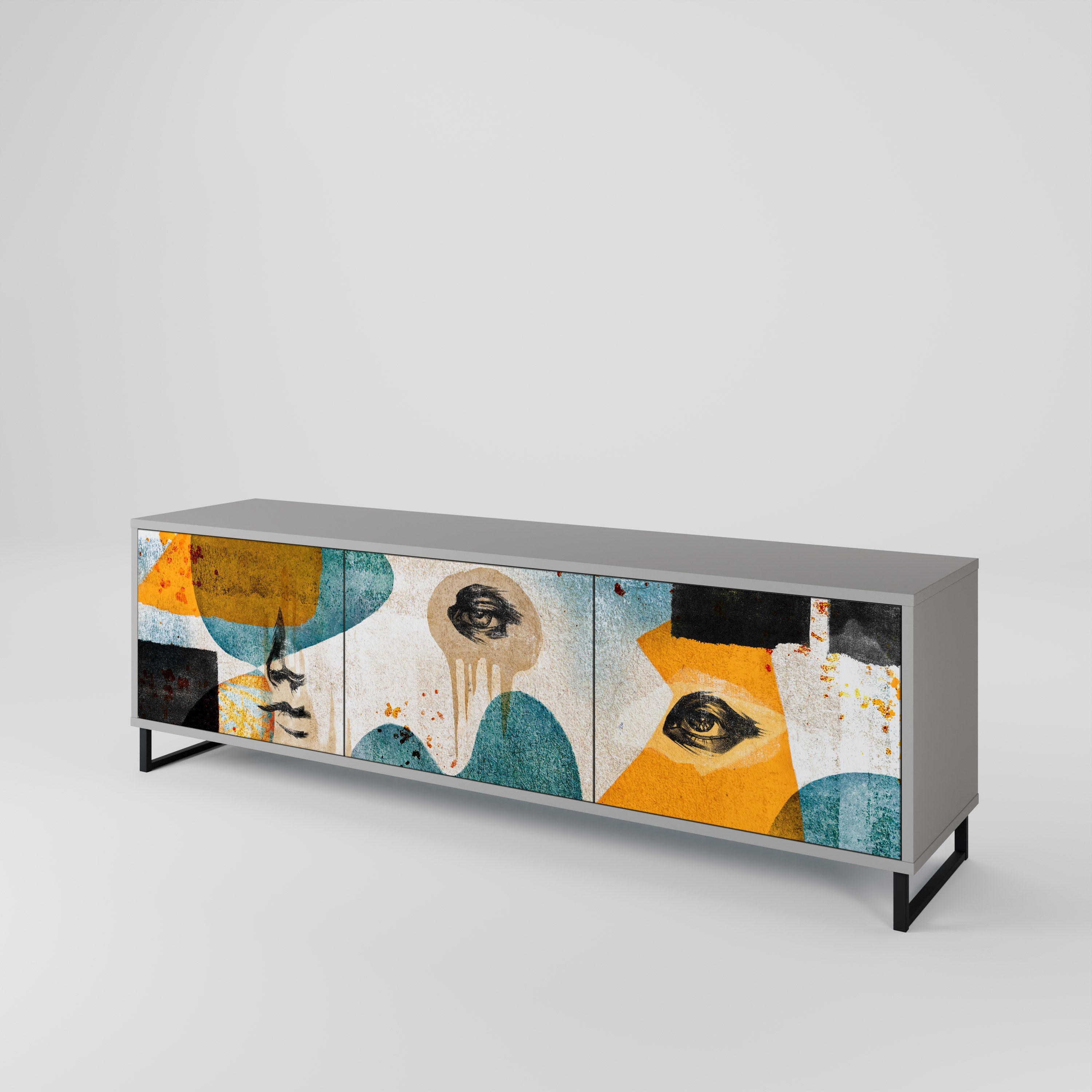 Meuble TV 3 portes ABSTRACT FACES, finition grise