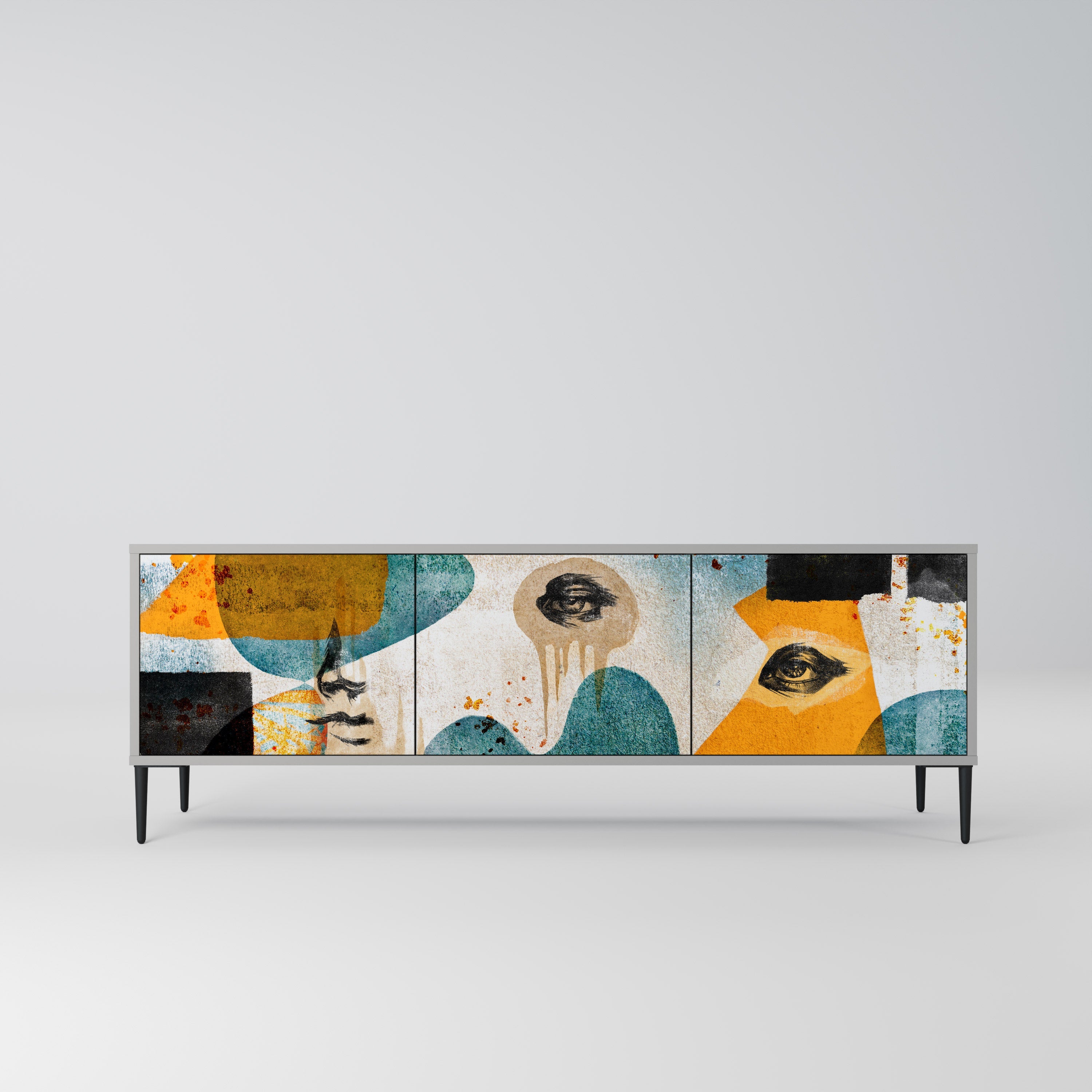 Meuble TV 3 portes ABSTRACT FACES, finition grise