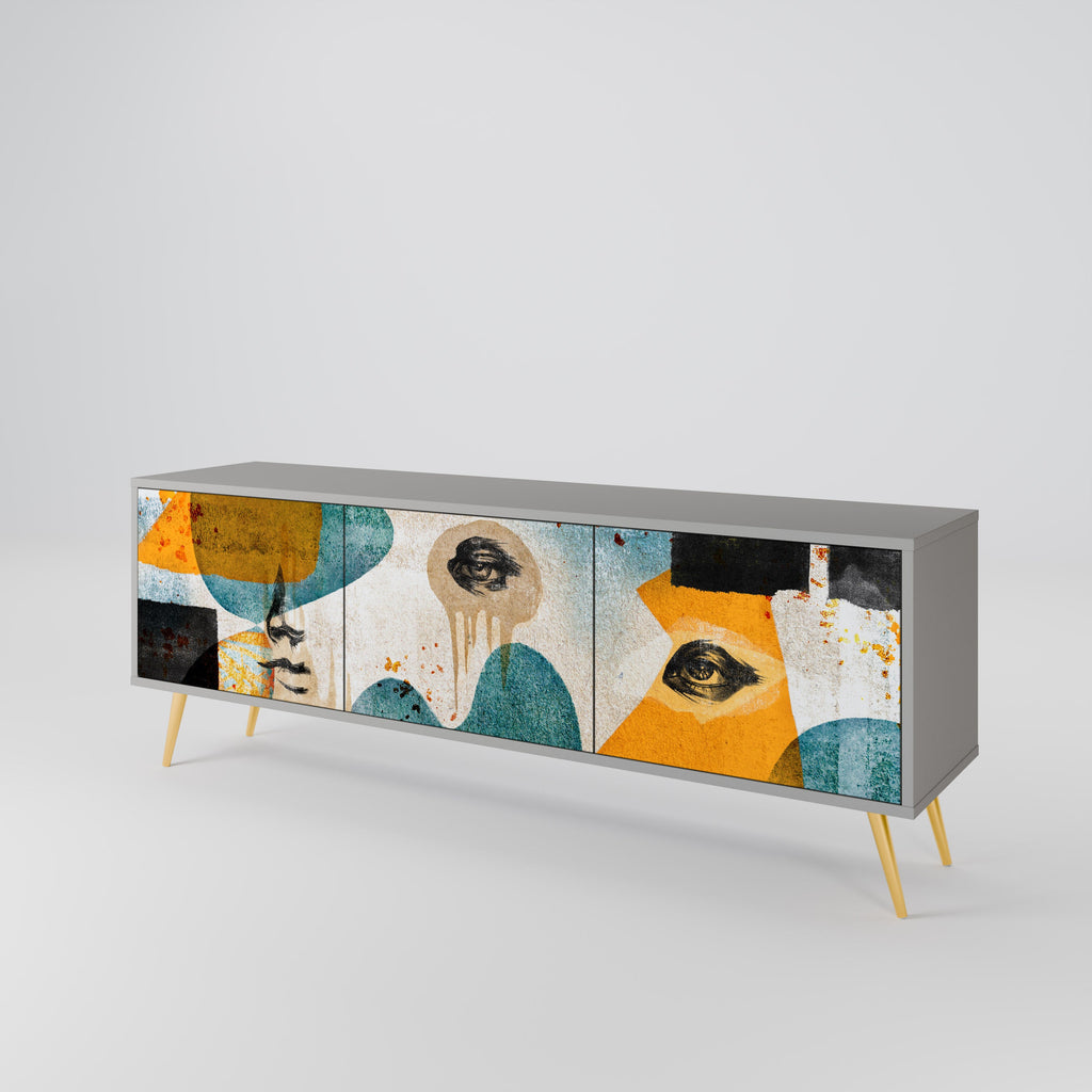 Meuble TV 3 portes ABSTRACT FACES, finition grise