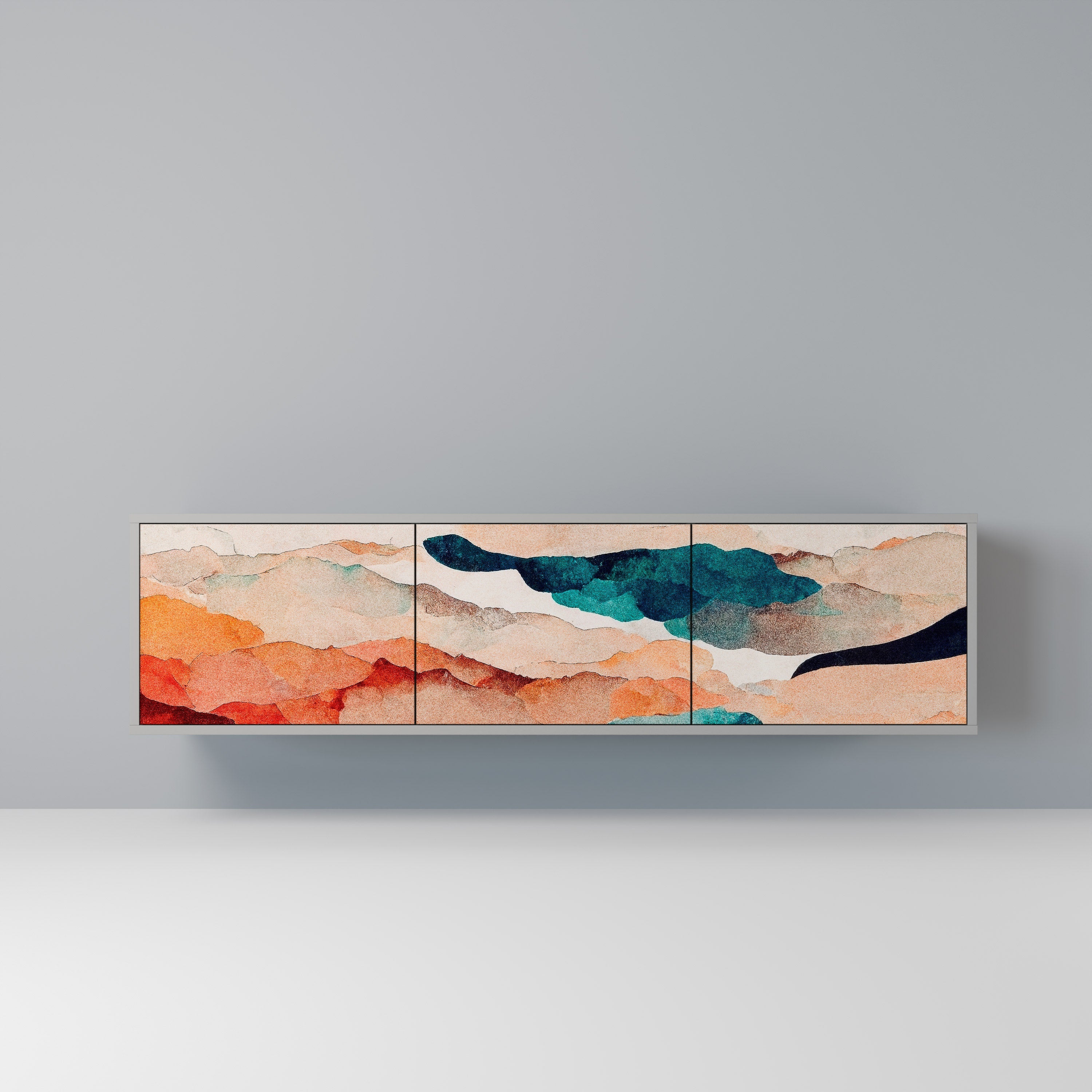 Meuble TV 3 portes ABSTRACT LANDSCAPE, finition grise