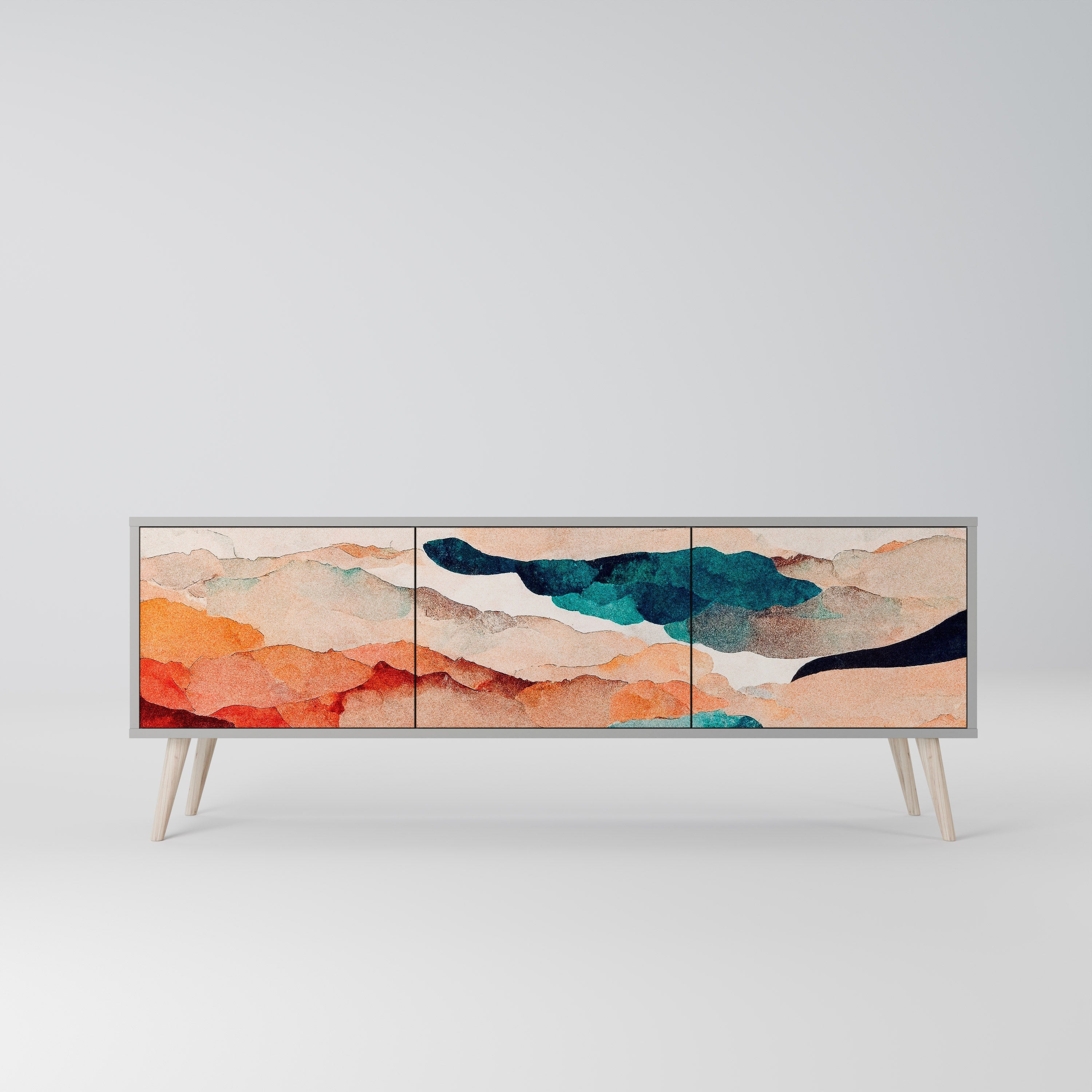 Meuble TV 3 portes ABSTRACT LANDSCAPE, finition grise