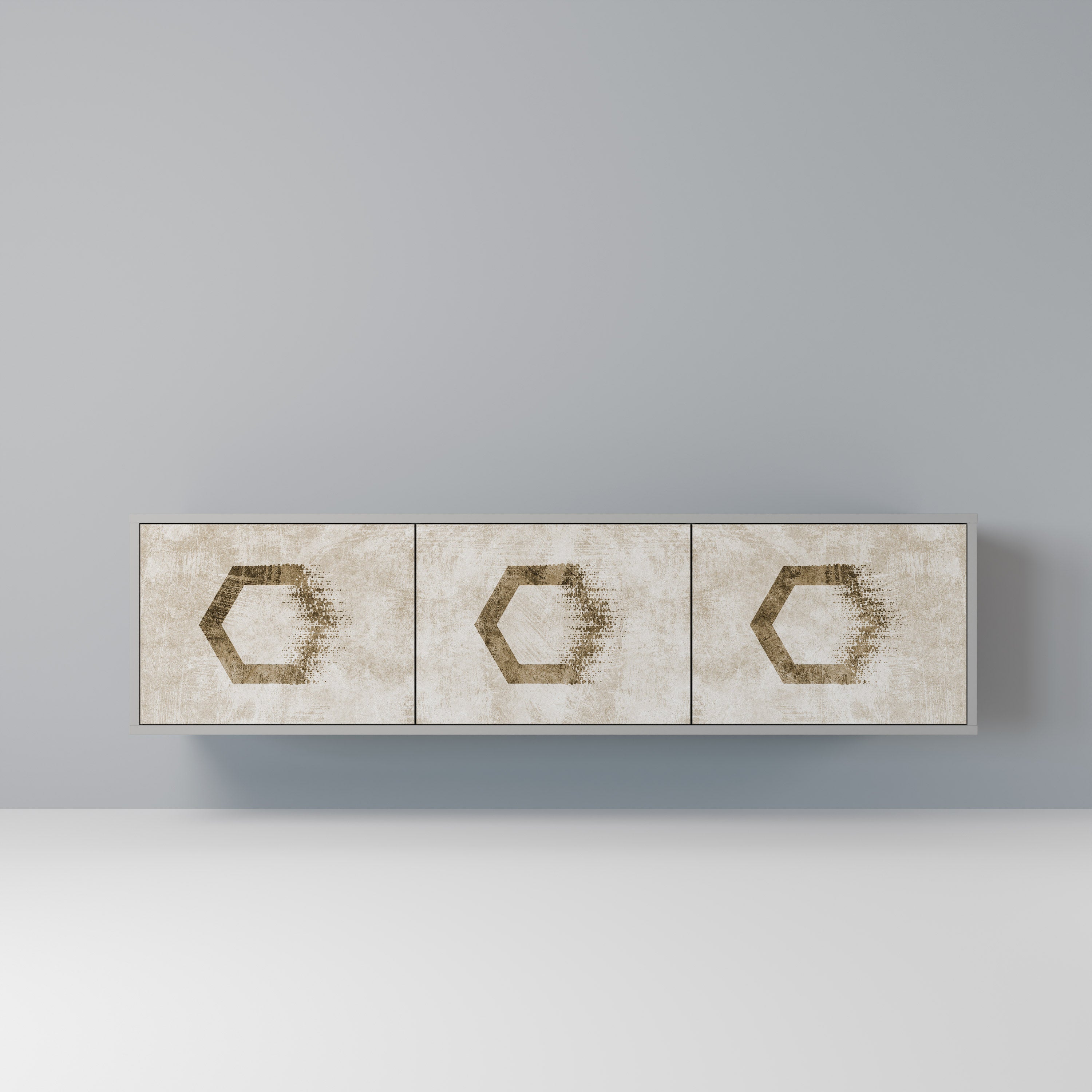 Meuble TV 3 portes HEXAGONAL SHAPES, finition grise