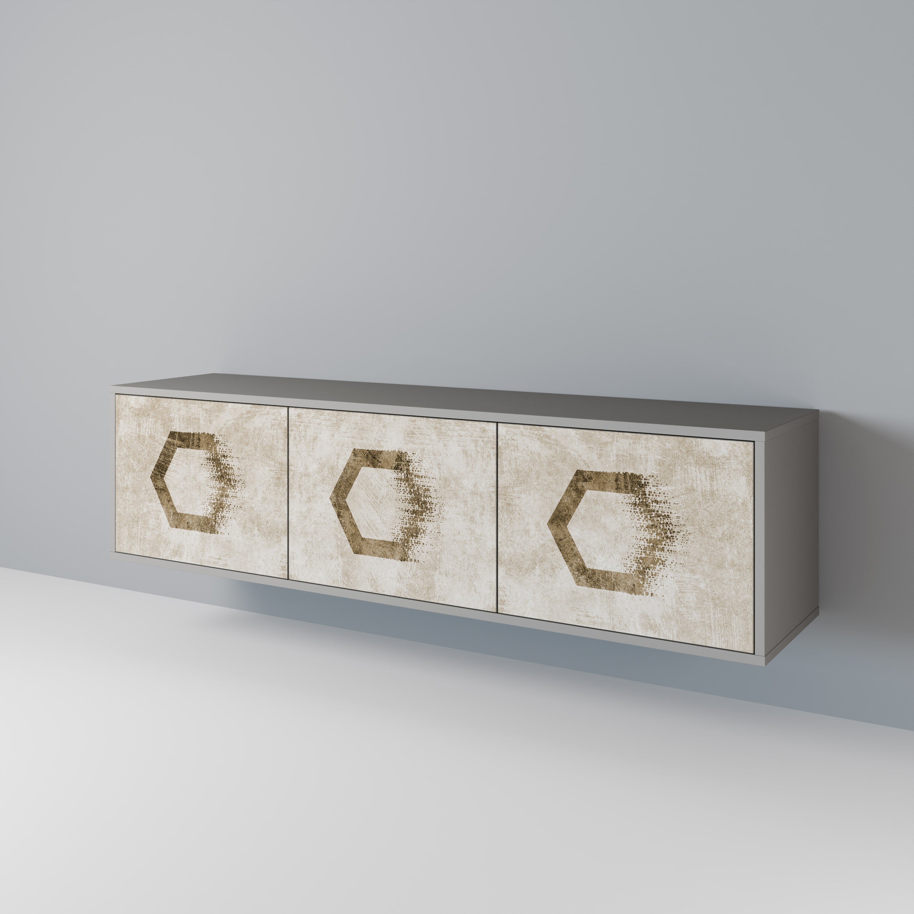 Meuble TV 3 portes HEXAGONAL SHAPES, finition grise