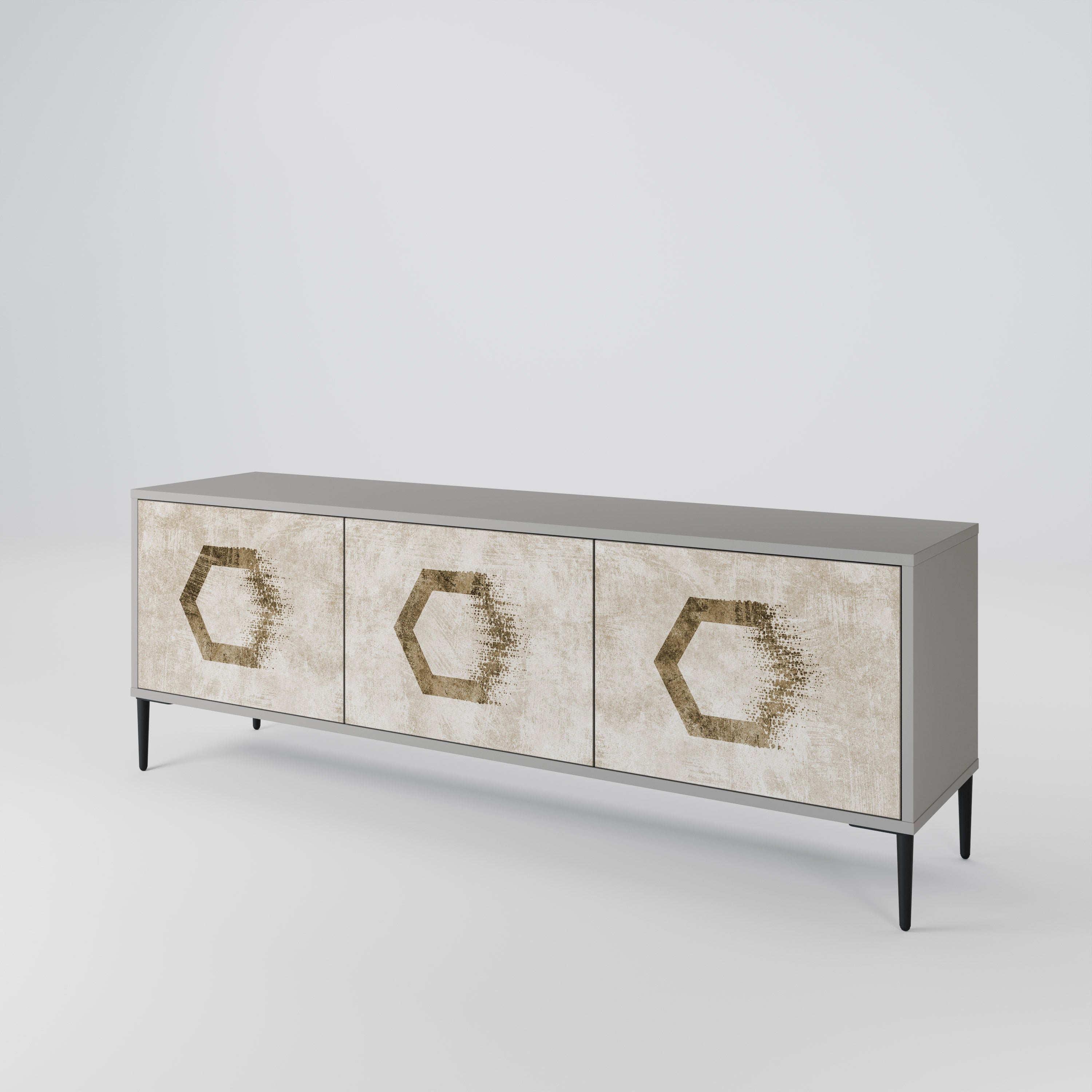 Meuble TV 3 portes HEXAGONAL SHAPES, finition grise