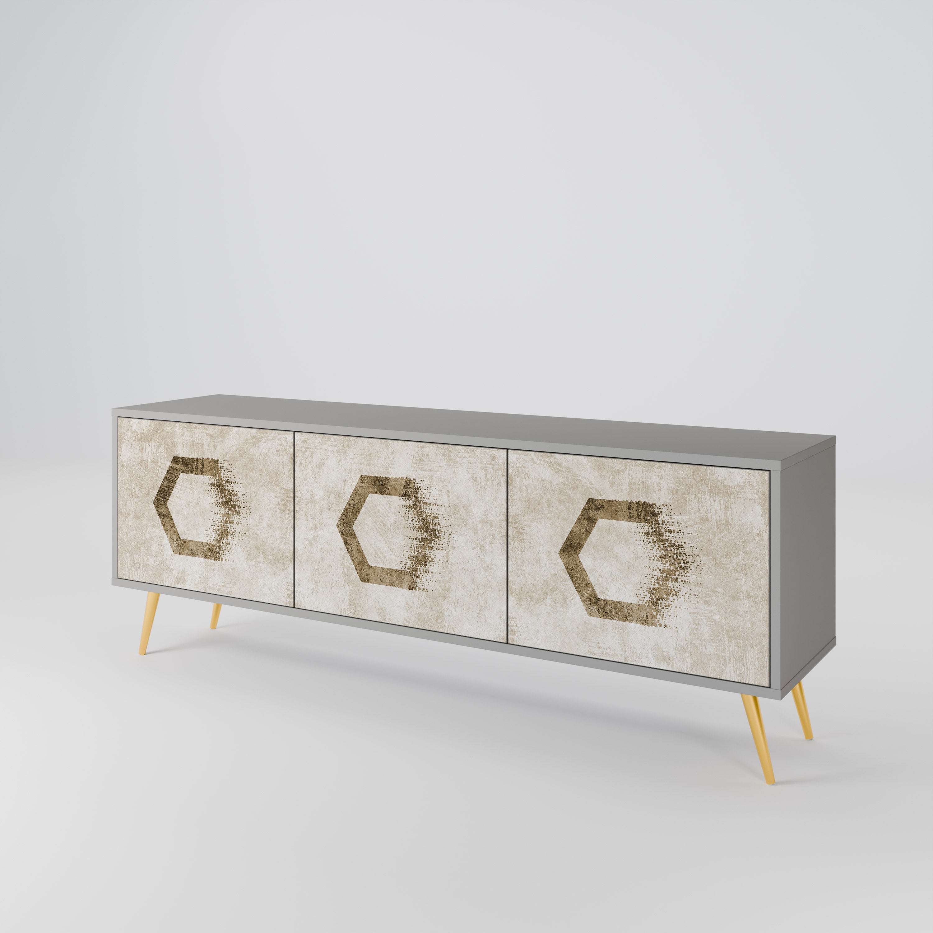 Meuble TV 3 portes HEXAGONAL SHAPES, finition grise