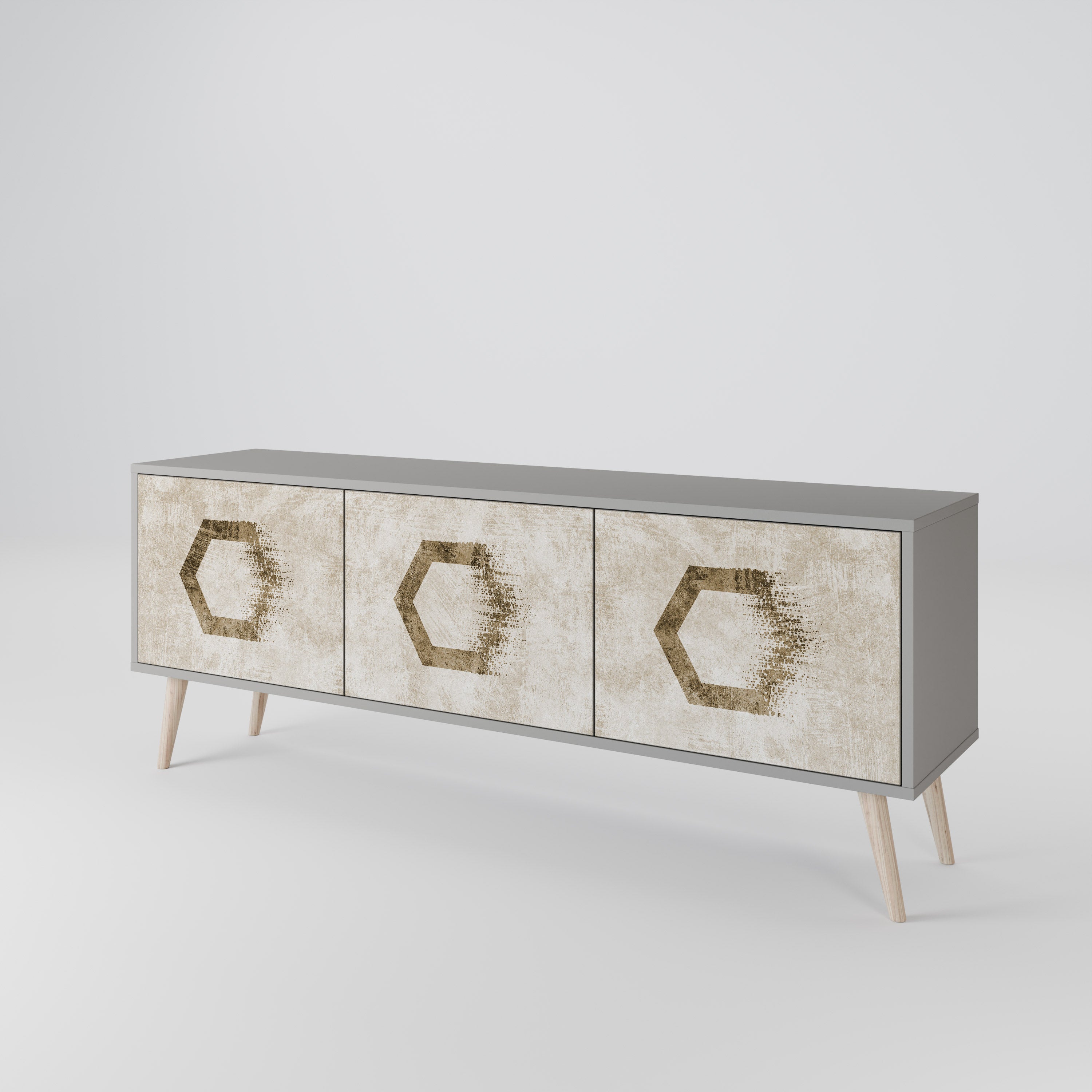 Meuble TV 3 portes HEXAGONAL SHAPES, finition grise