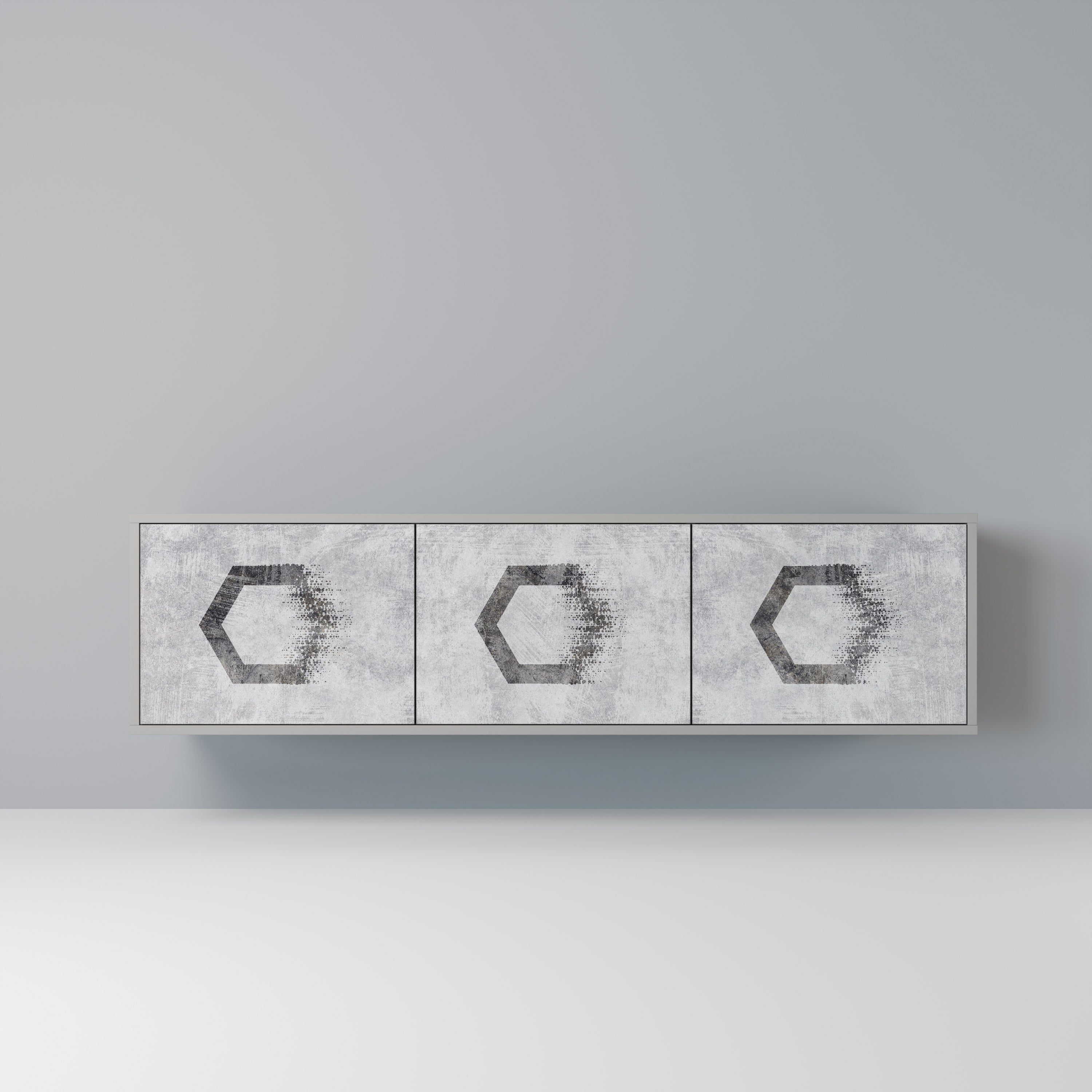 Meuble TV 3 portes HEXAGONAL FIGURES en finition grise